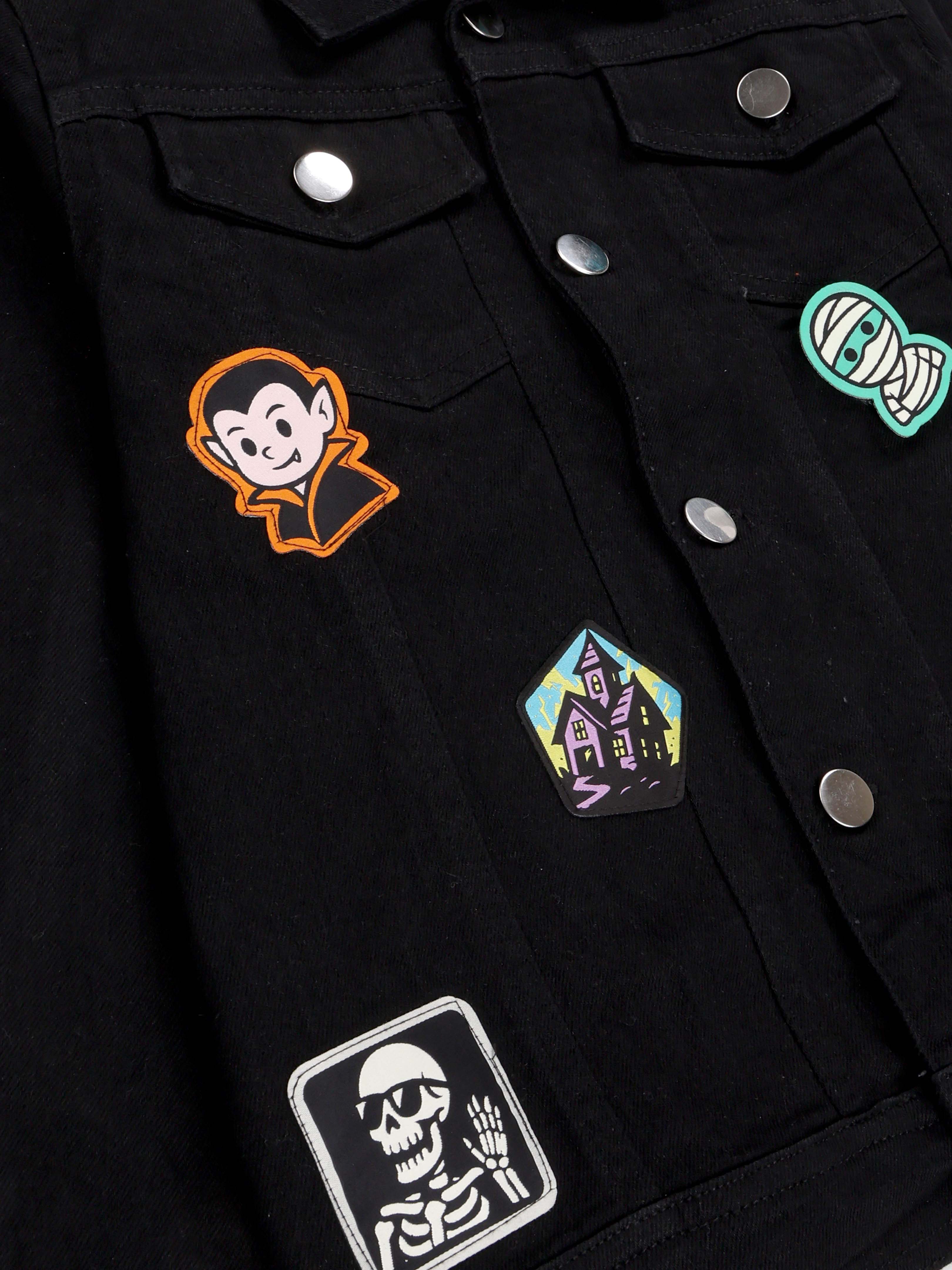 Kiddopanti Boys Denim Jacket With Halloween Theme Badges