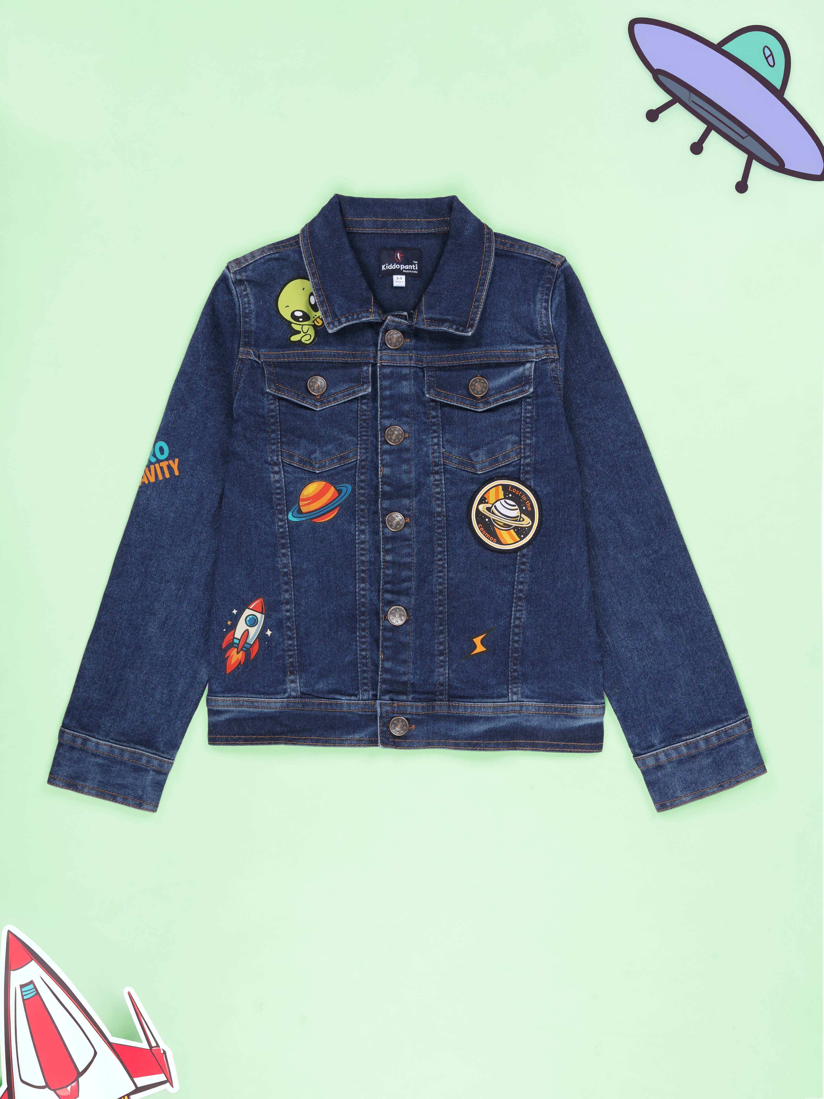 Kiddopanti Boys Denim Jacket With Space Themed Badges