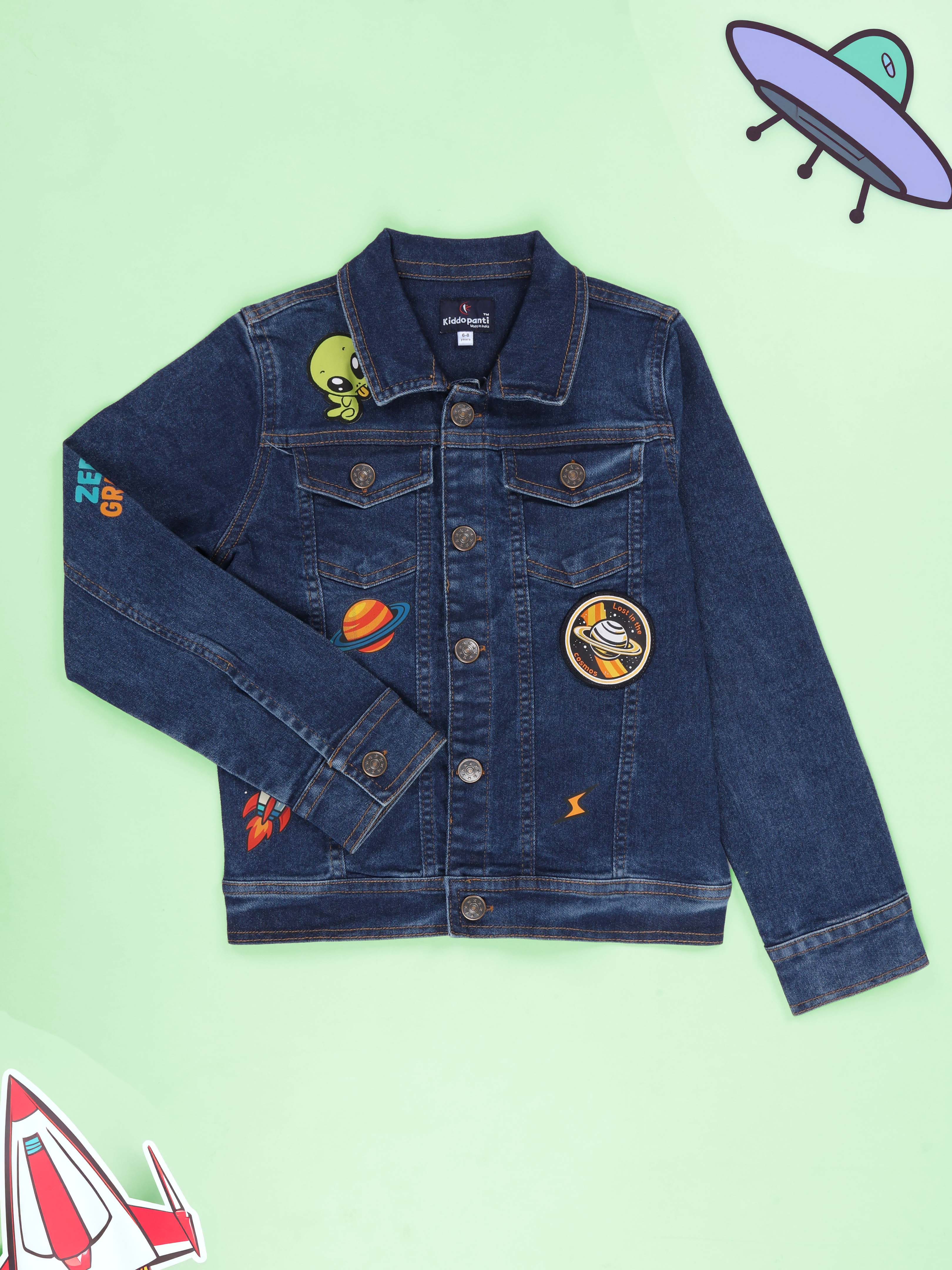 Kiddopanti Boys Denim Jacket With Space Themed Badges