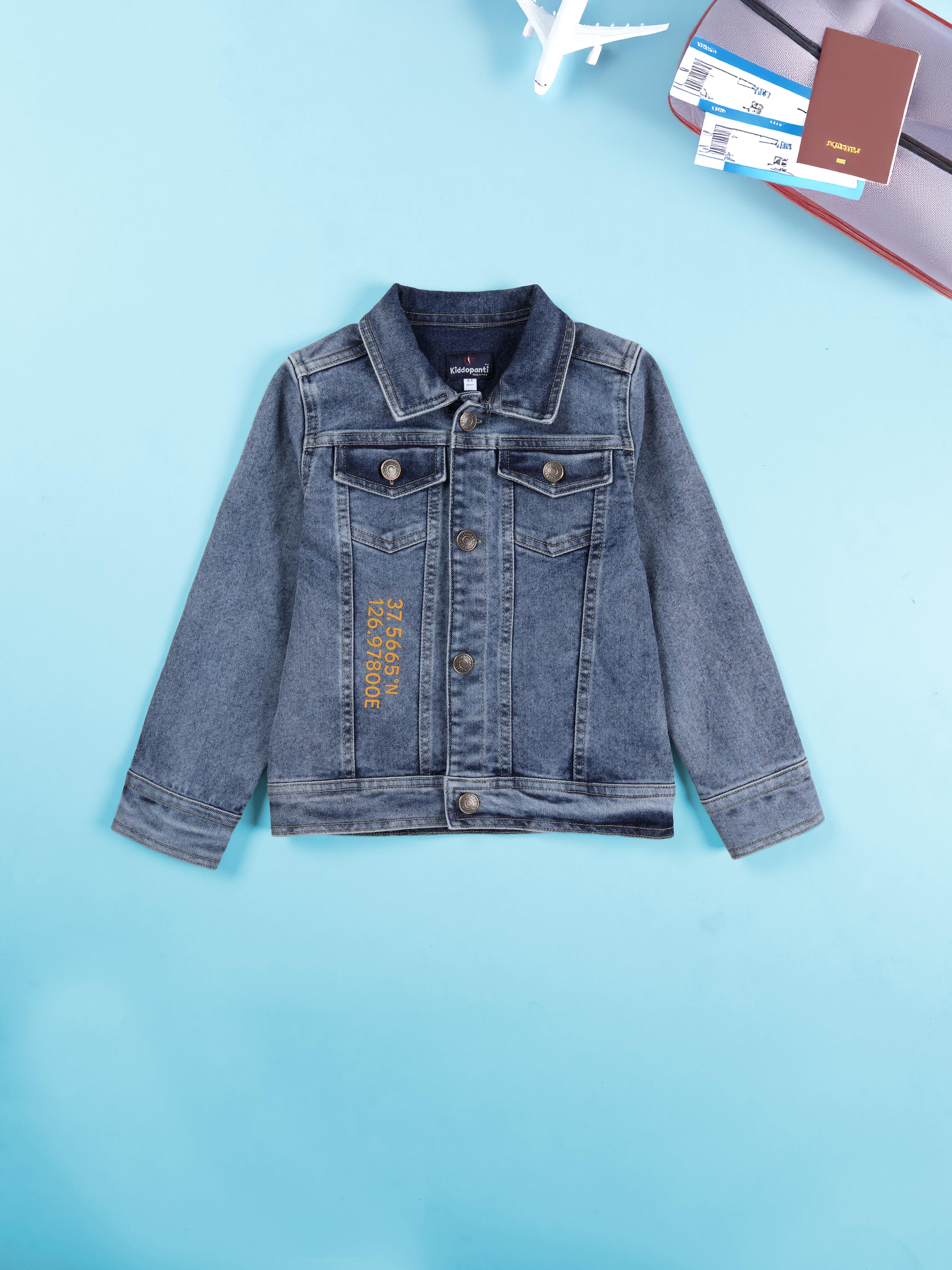 Boys Denim Woven Full Sleeves Travel Themed Printed Jacket