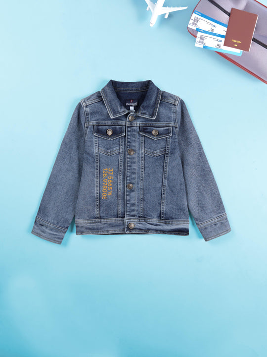 Boys Denim Woven Full Sleeves Travel Themed Printed Jacket
