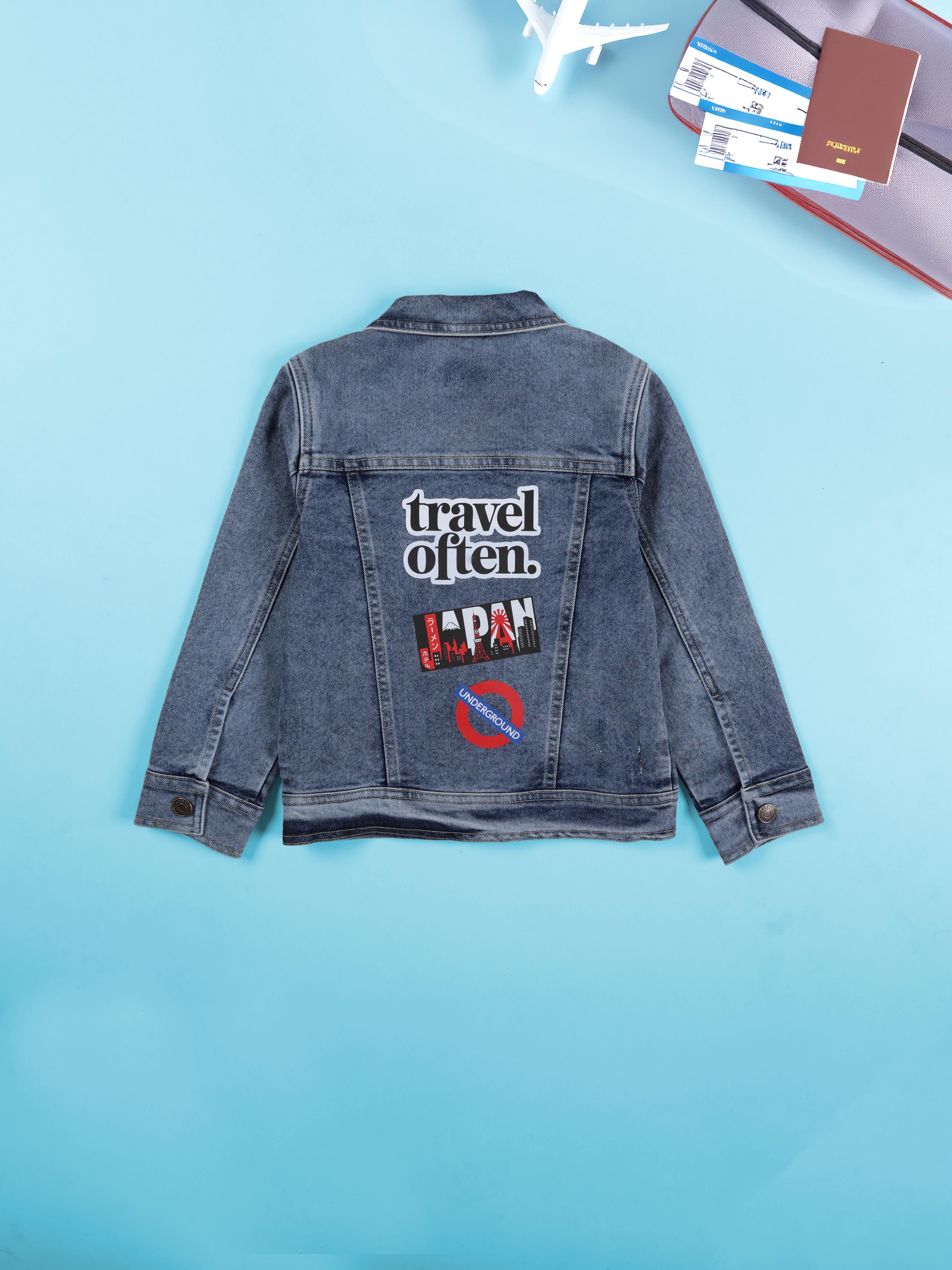 Boys Denim Woven Full Sleeves Travel Themed Printed Jacket