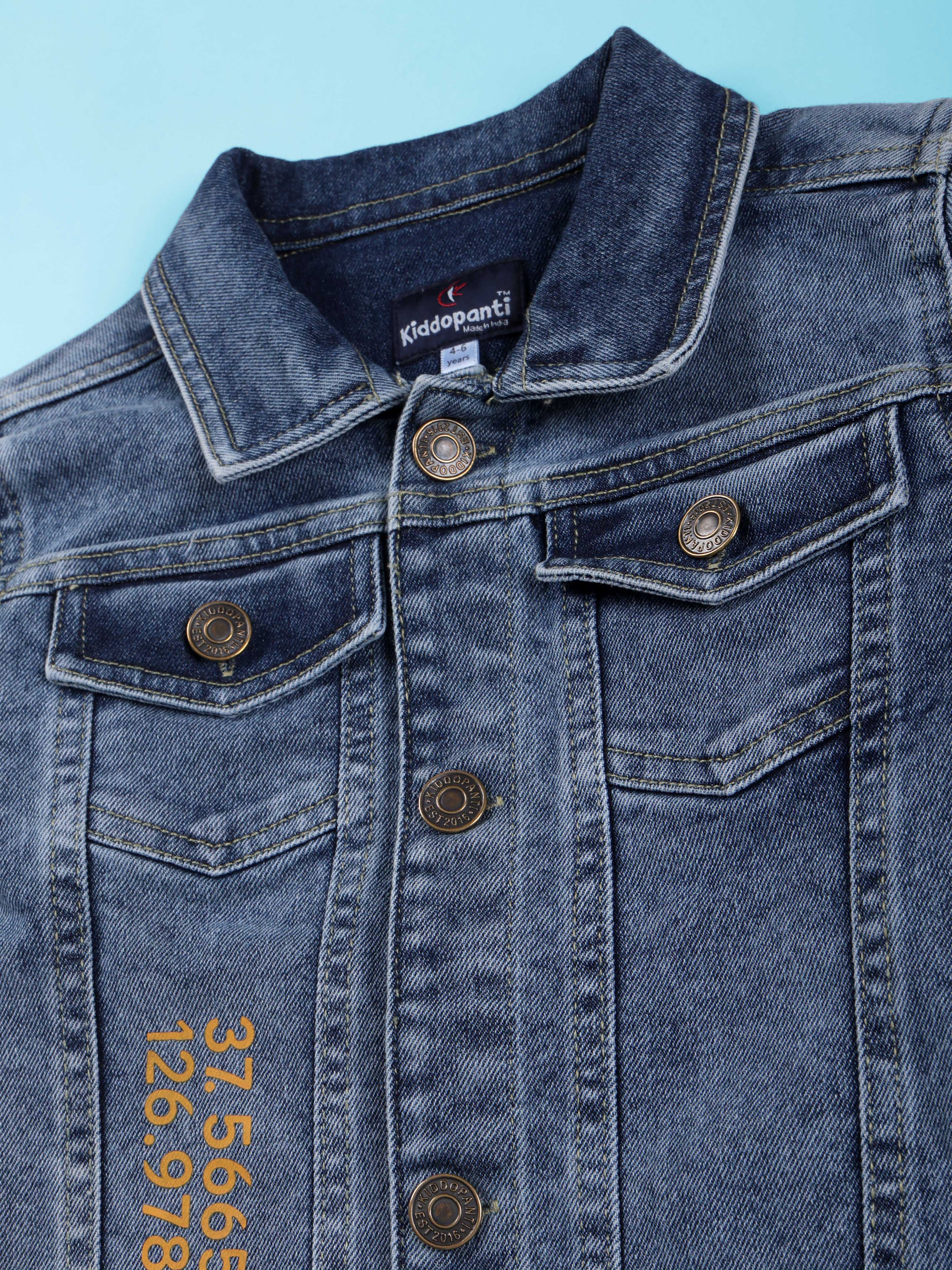 Boys Denim Woven Full Sleeves Travel Themed Printed Jacket