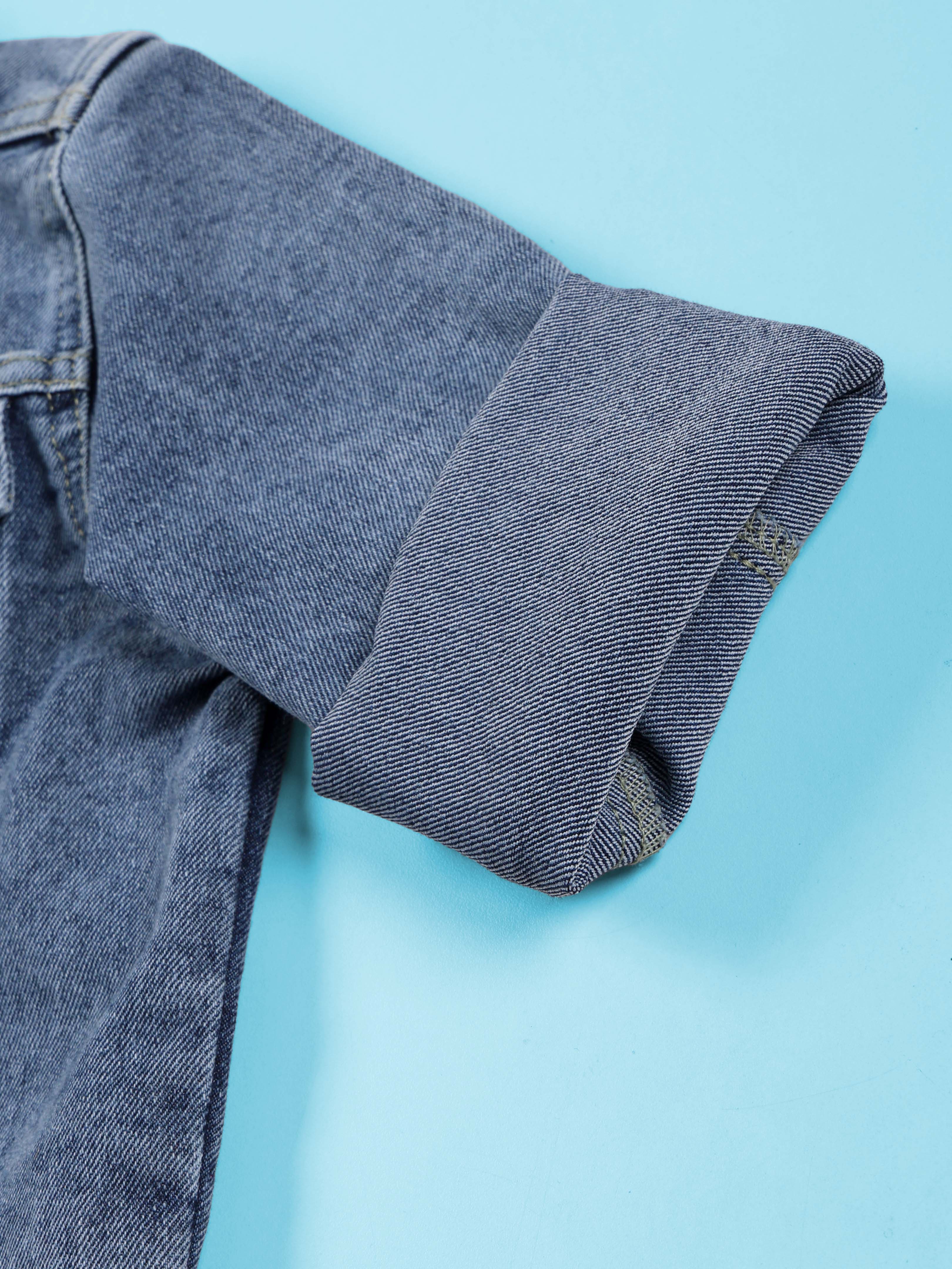 Boys Denim Woven Full Sleeves Travel Themed Printed Jacket