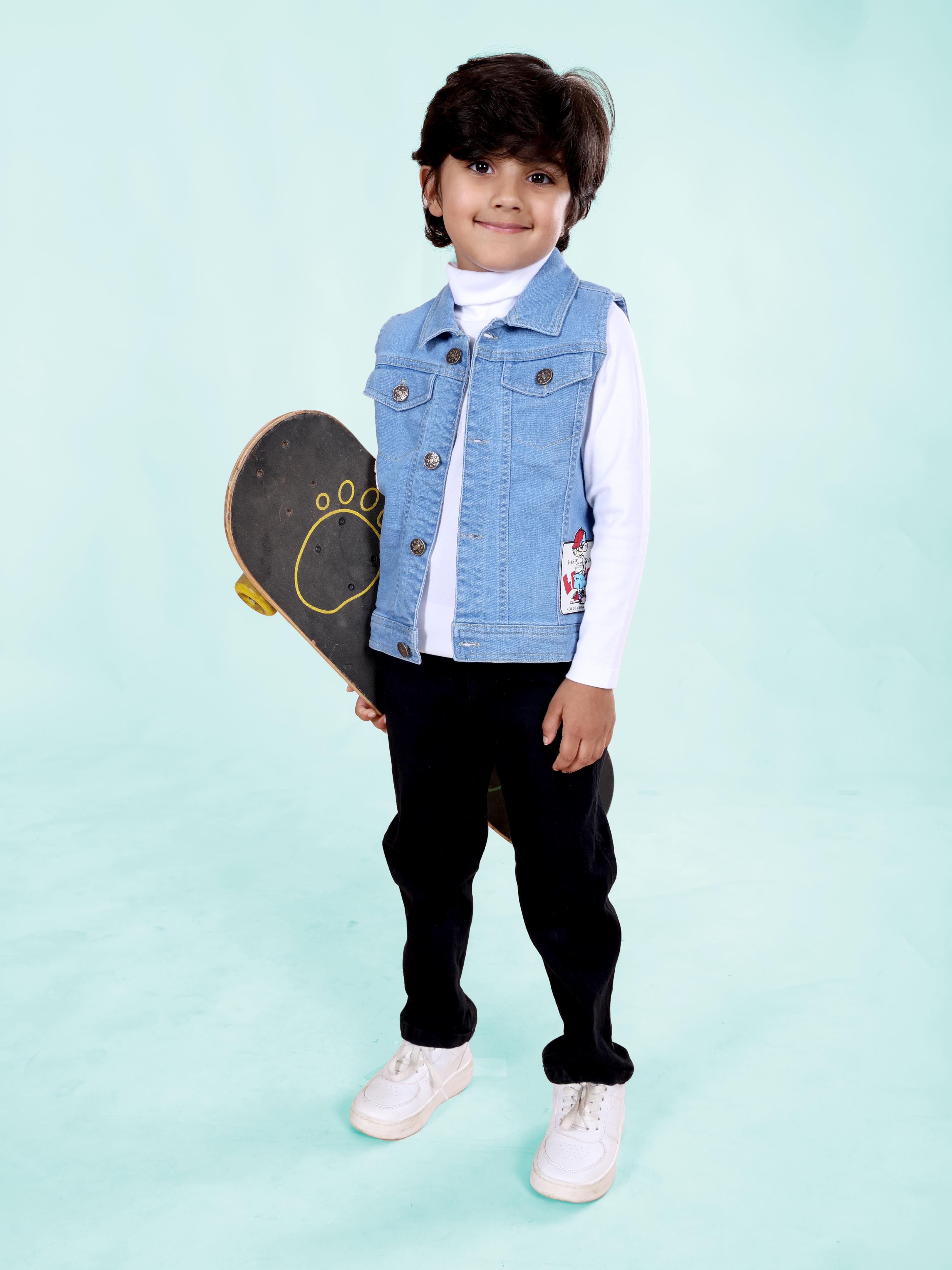 Boys Full Sleeve Turtle Neck With Sleeveless Jacket Denim Pant