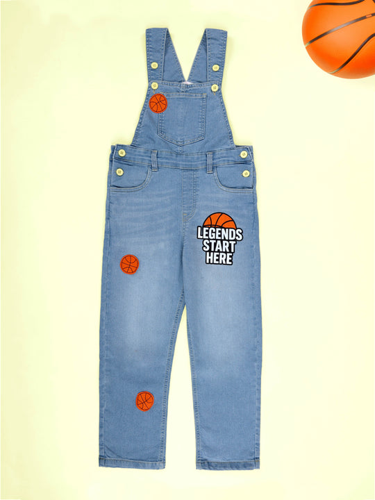 Kiddopanti Boys Denim Printed and Badges Dungaree Pant