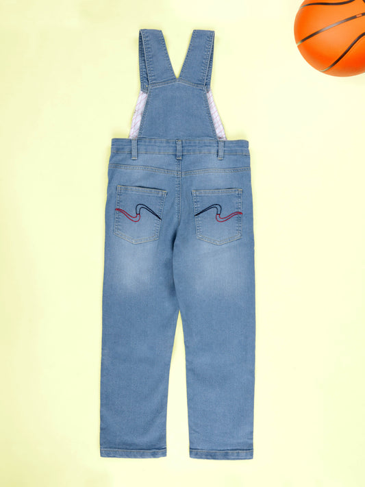 Kiddopanti Boys Denim Printed and Badges Dungaree Pant
