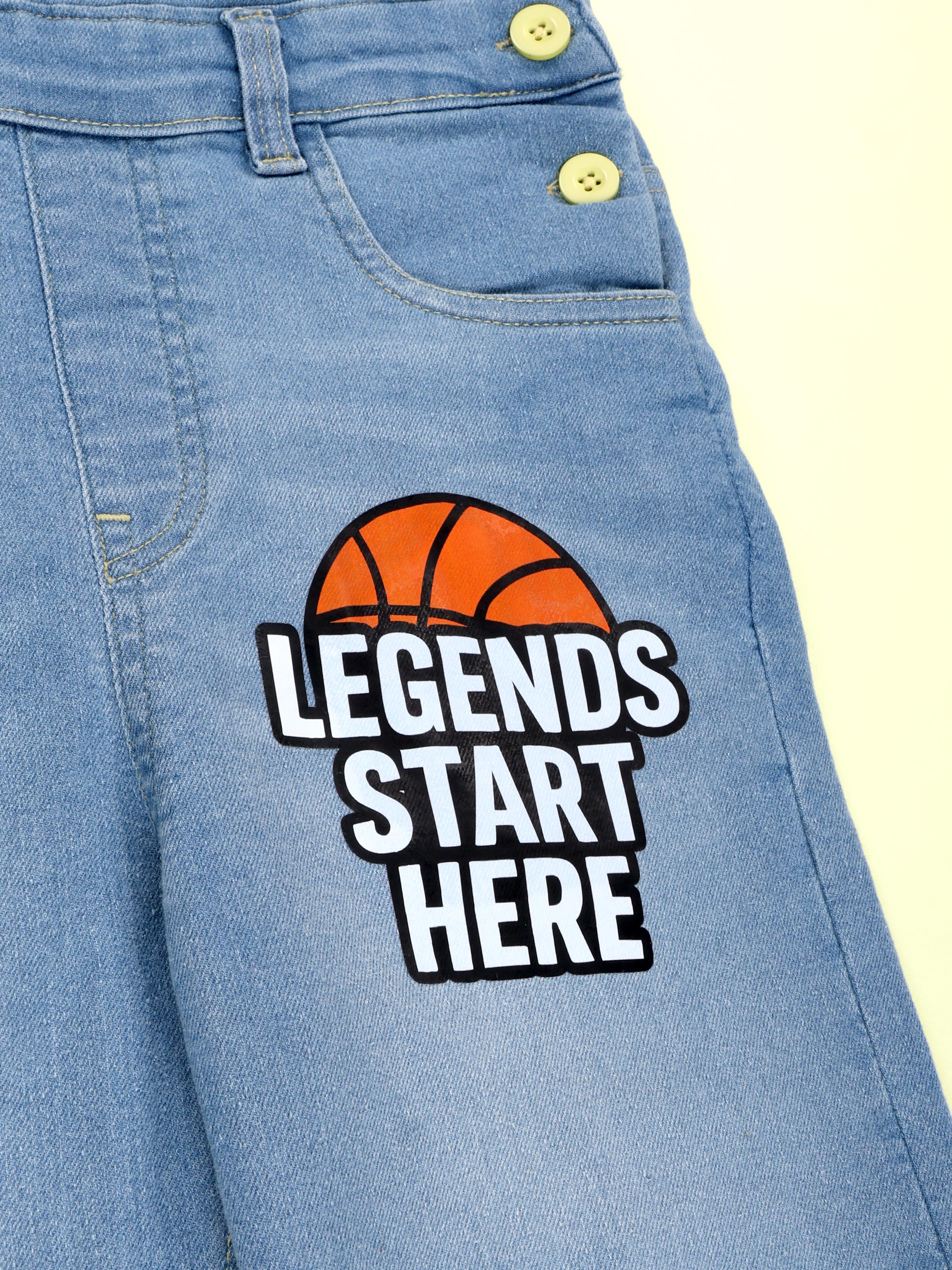 Kiddopanti Boys Denim Printed and Badges Dungaree Pant