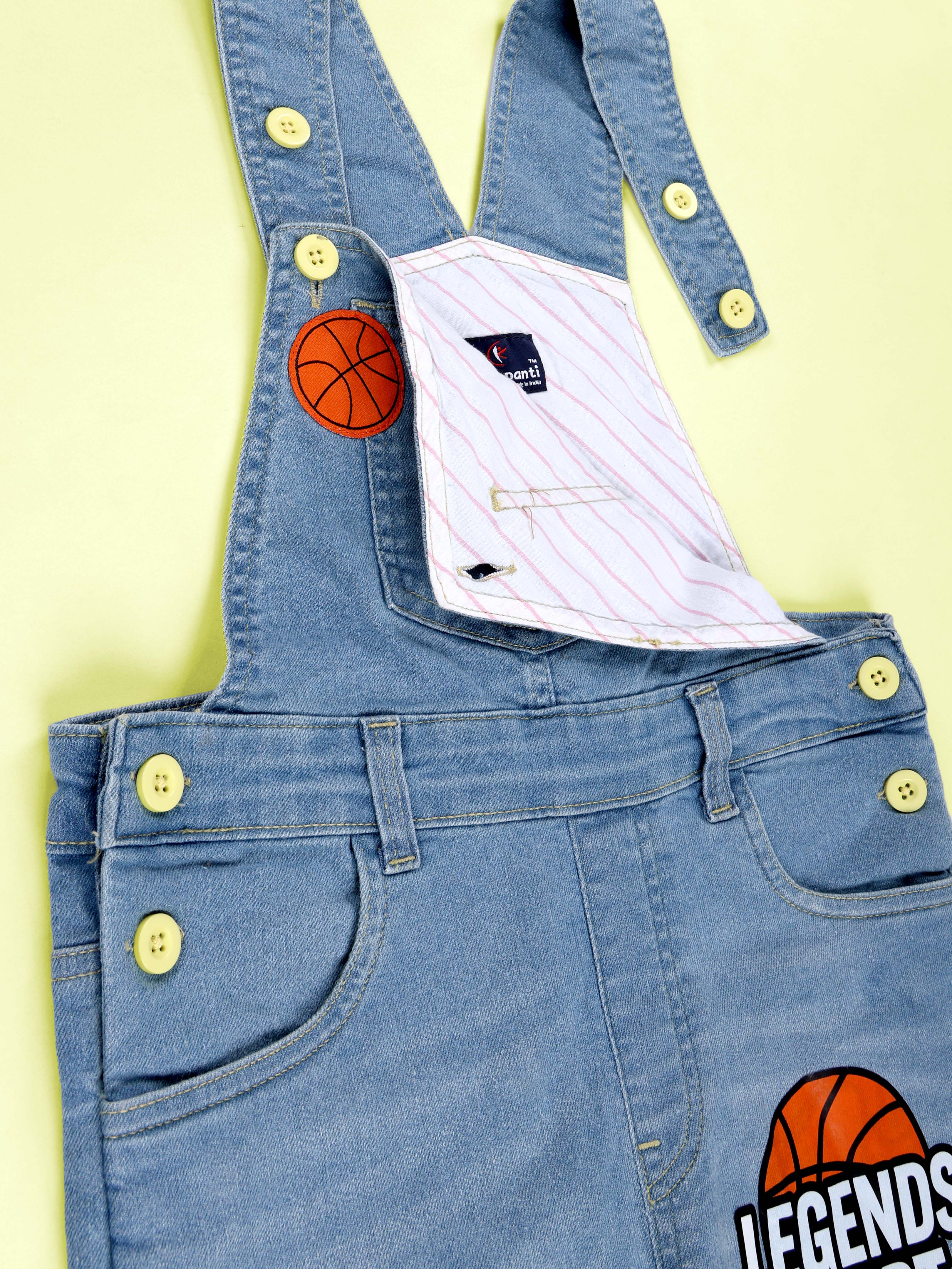 Kiddopanti Boys Denim Printed and Badges Dungaree Pant