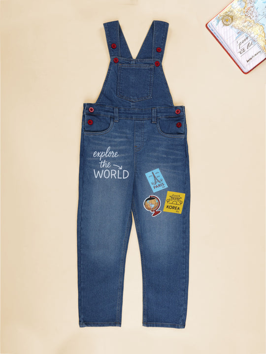 Kiddopanti Boys Denim Printed and Badges Dungaree Pant