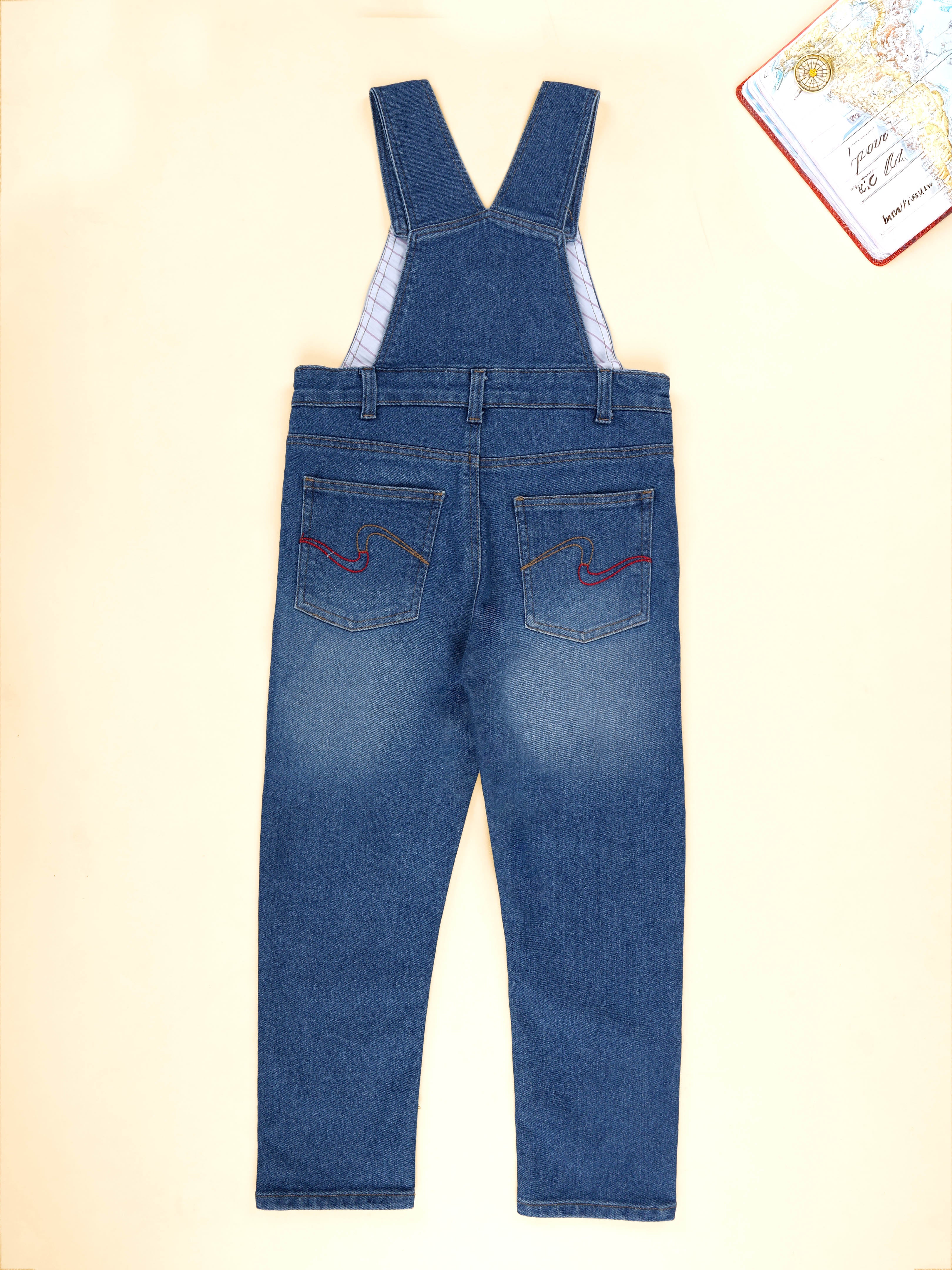 Kiddopanti Boys Denim Printed and Badges Dungaree Pant