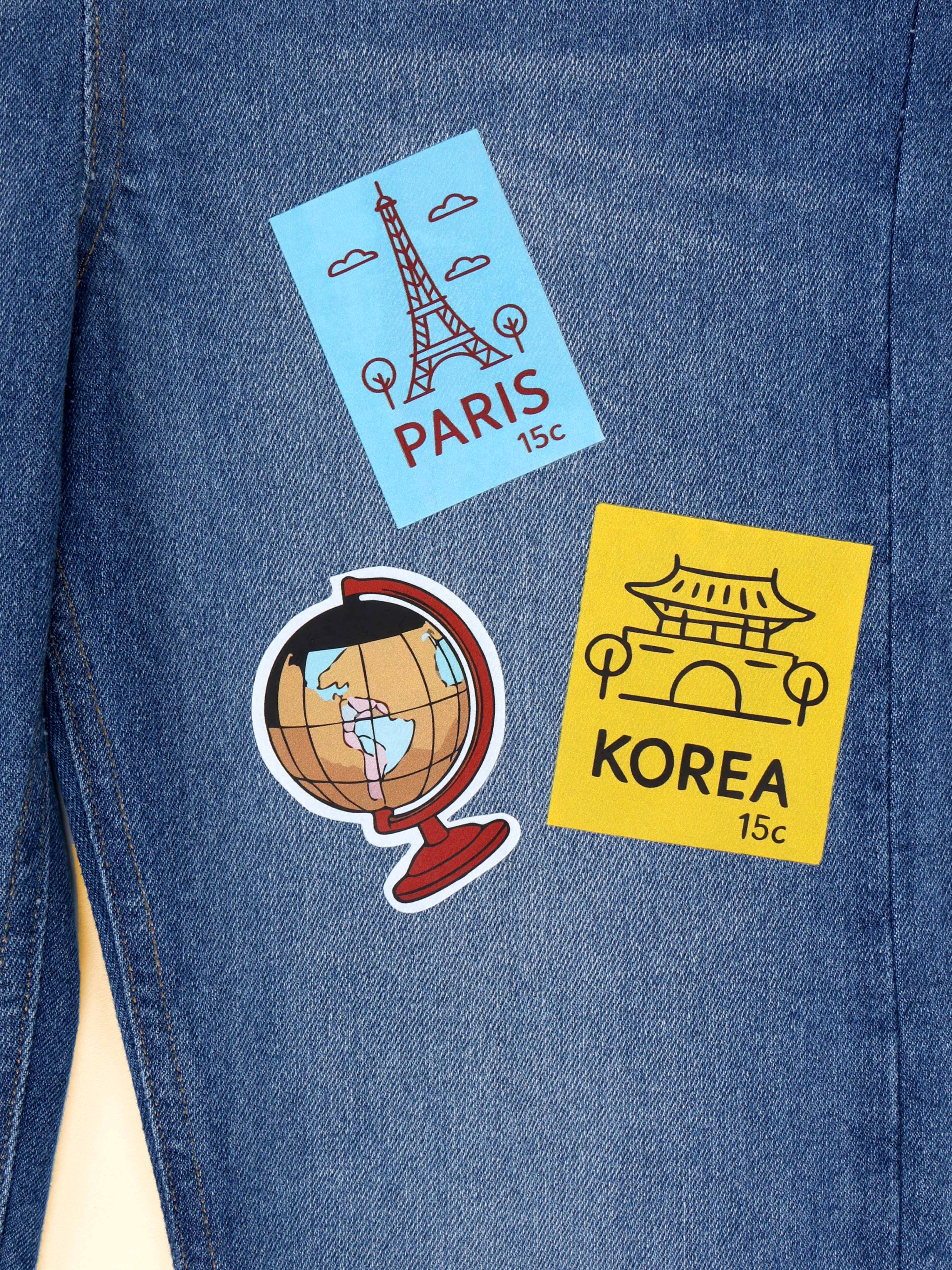 Kiddopanti Boys Denim Printed and Badges Dungaree Pant