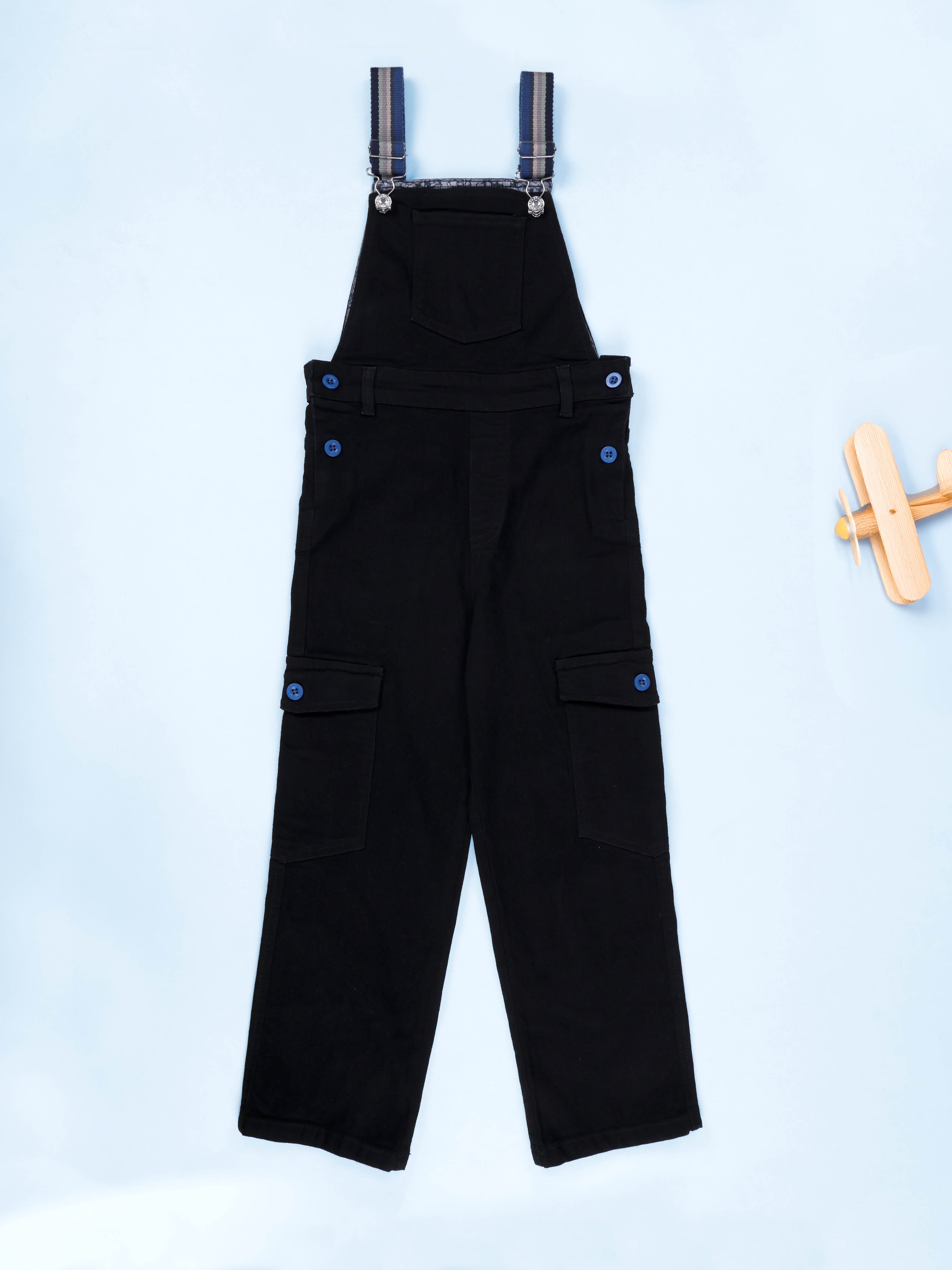 Boys Denim Woven Multi-Color Contrast Straps & Utility Pockets Solid Dungaree