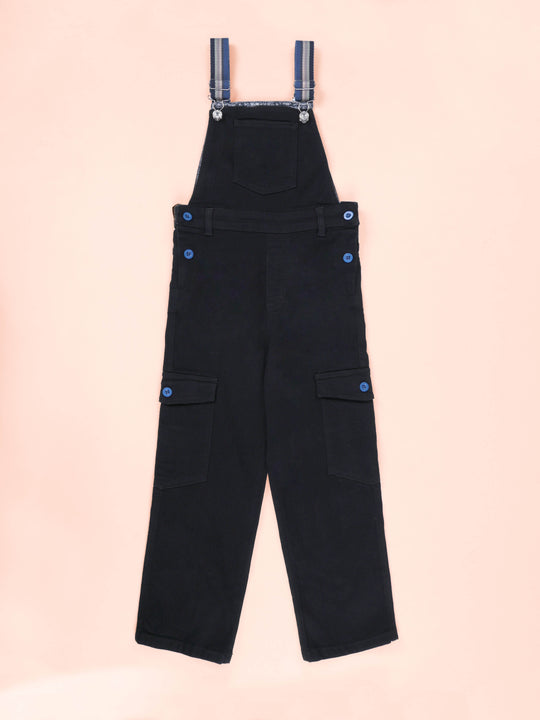 Kiddopanti Boys Denim Dungarees with Multi-Color Contrast Straps & Utility Pockets
