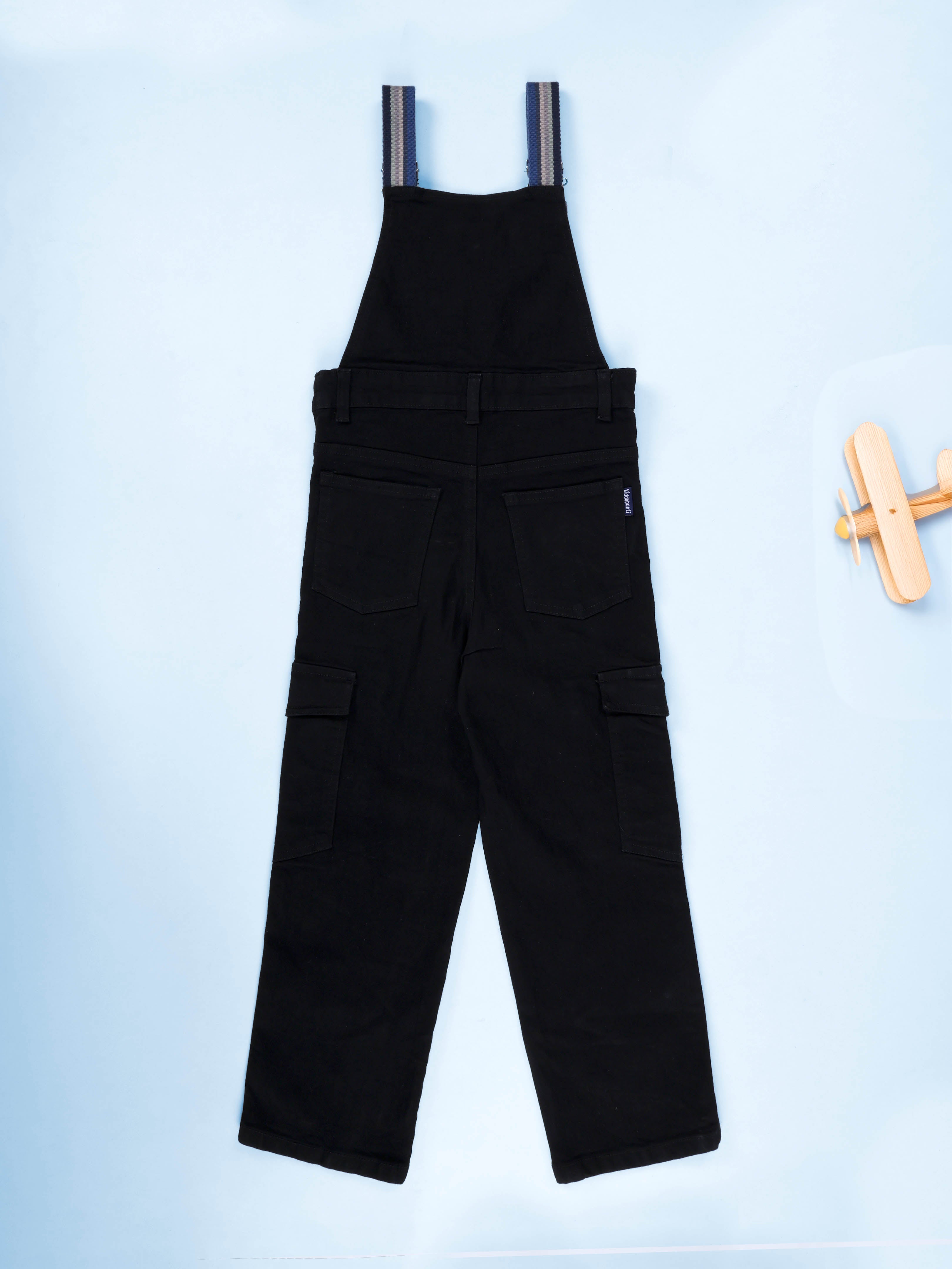 Boys Denim Woven Multi-Color Contrast Straps & Utility Pockets Solid Dungaree