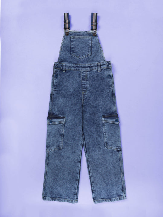 Kiddopanti Boys Denim Dungarees with Multi-Color Contrast Straps & Utility Pockets