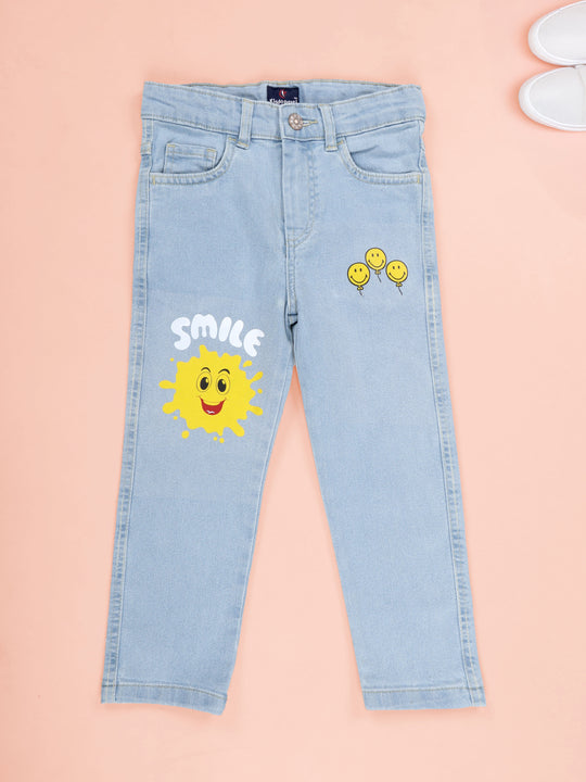 KiddoPanti Boys Regular Fit Denim Pant With Smiley Prints