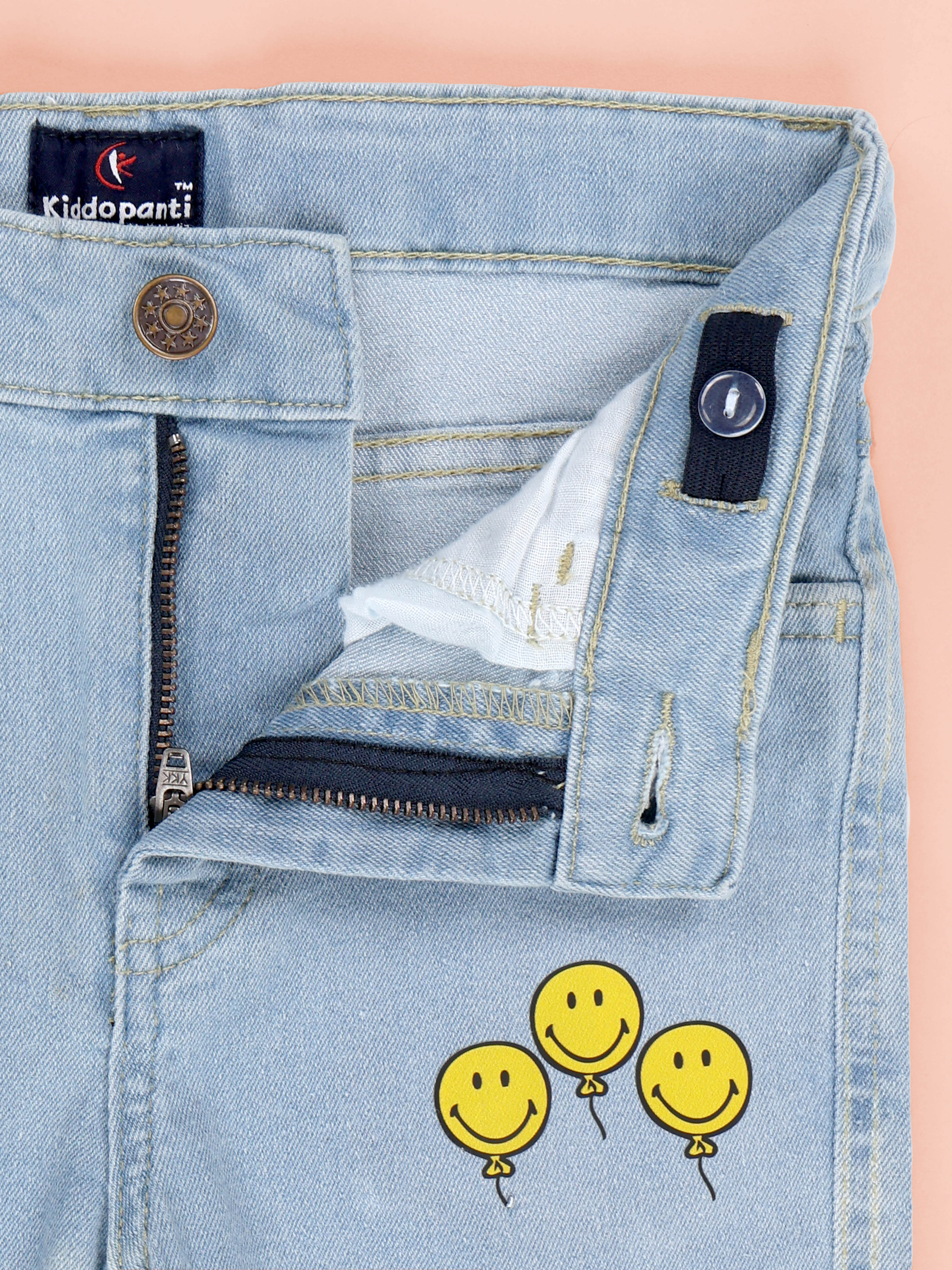 KiddoPanti Boys Regular Fit Denim Pant With Smiley Prints