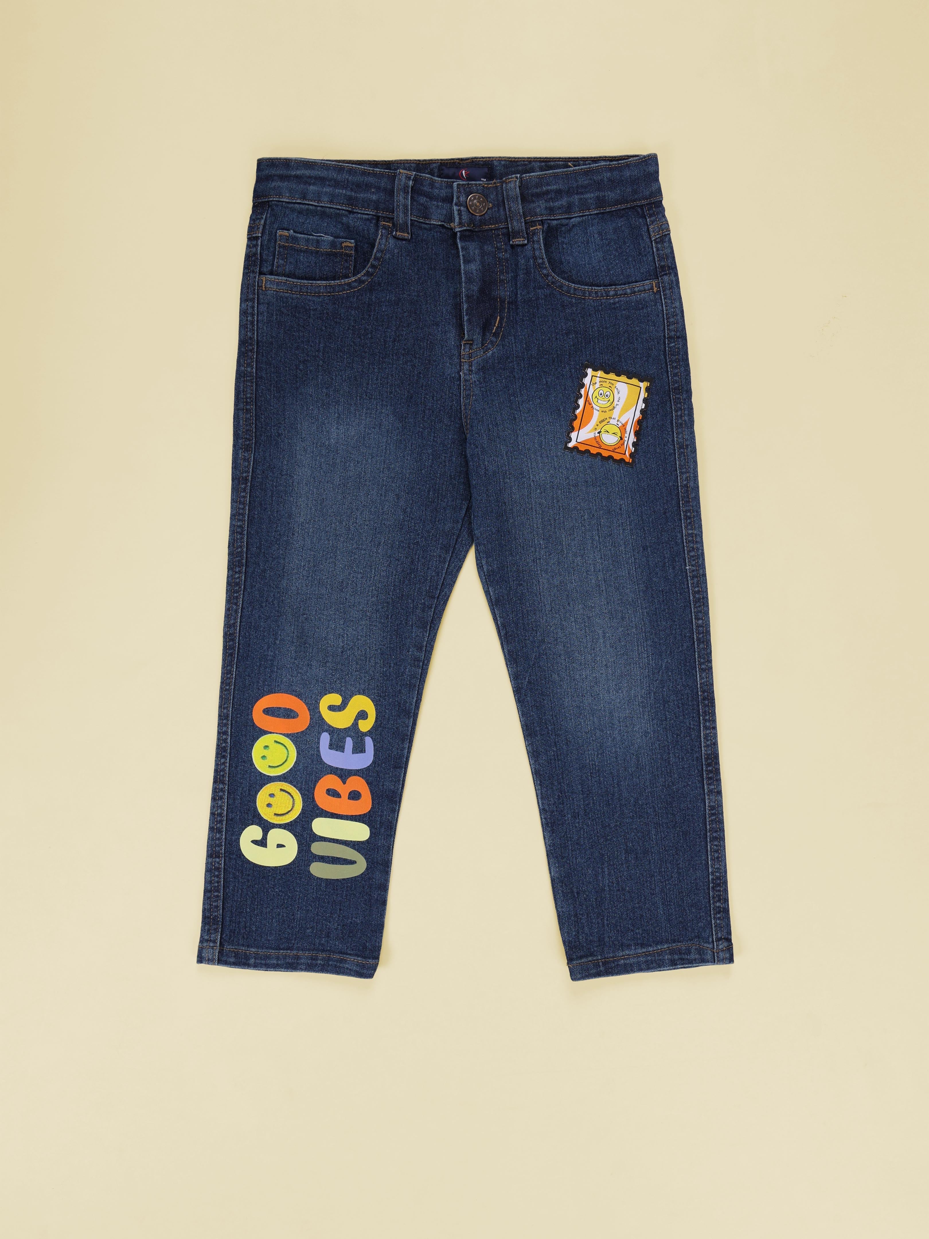 Kiddopanti Denim Woven Smiley Badge Regular Fit Denim Pant