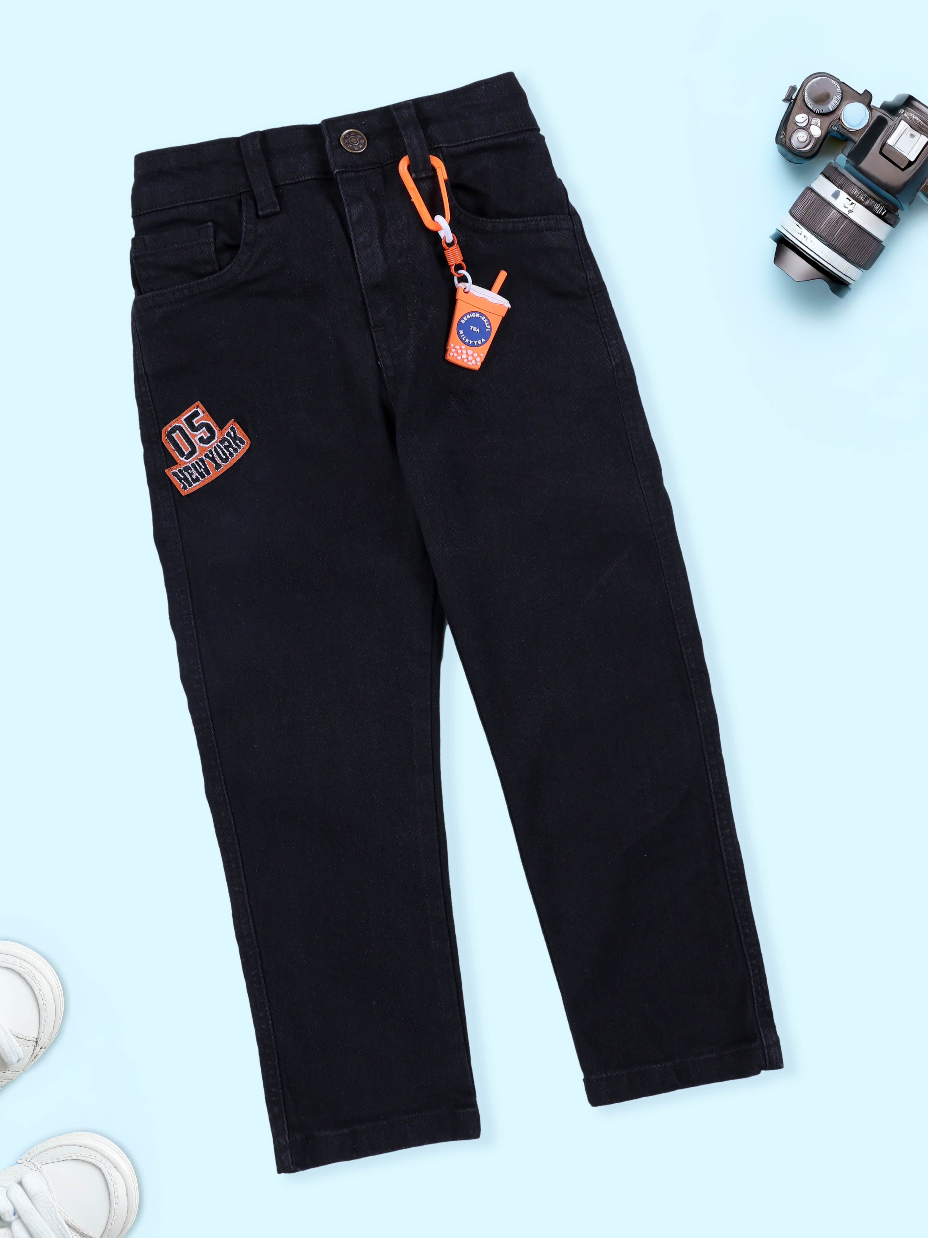 Boys Denim Woven 05 Badge With Boba Tea Detachable Keychain Denim Jeans