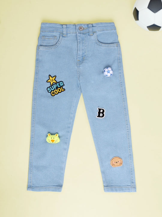 KiddoPanti Boys Regular Fit Denim Pant With Multi Badge