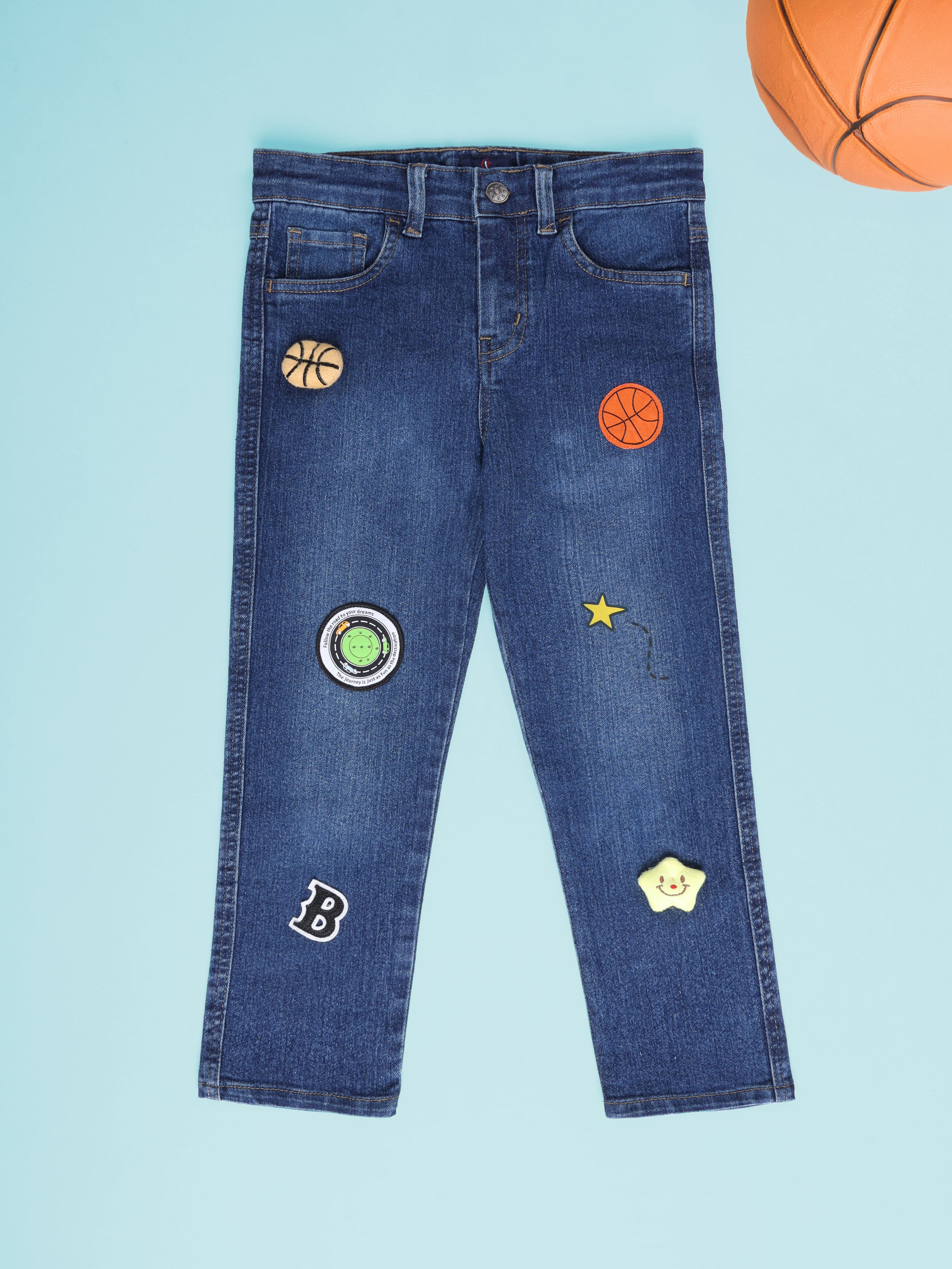 Kiddopanti Denim Woven Multi Badge Regular Fit Denim Pant