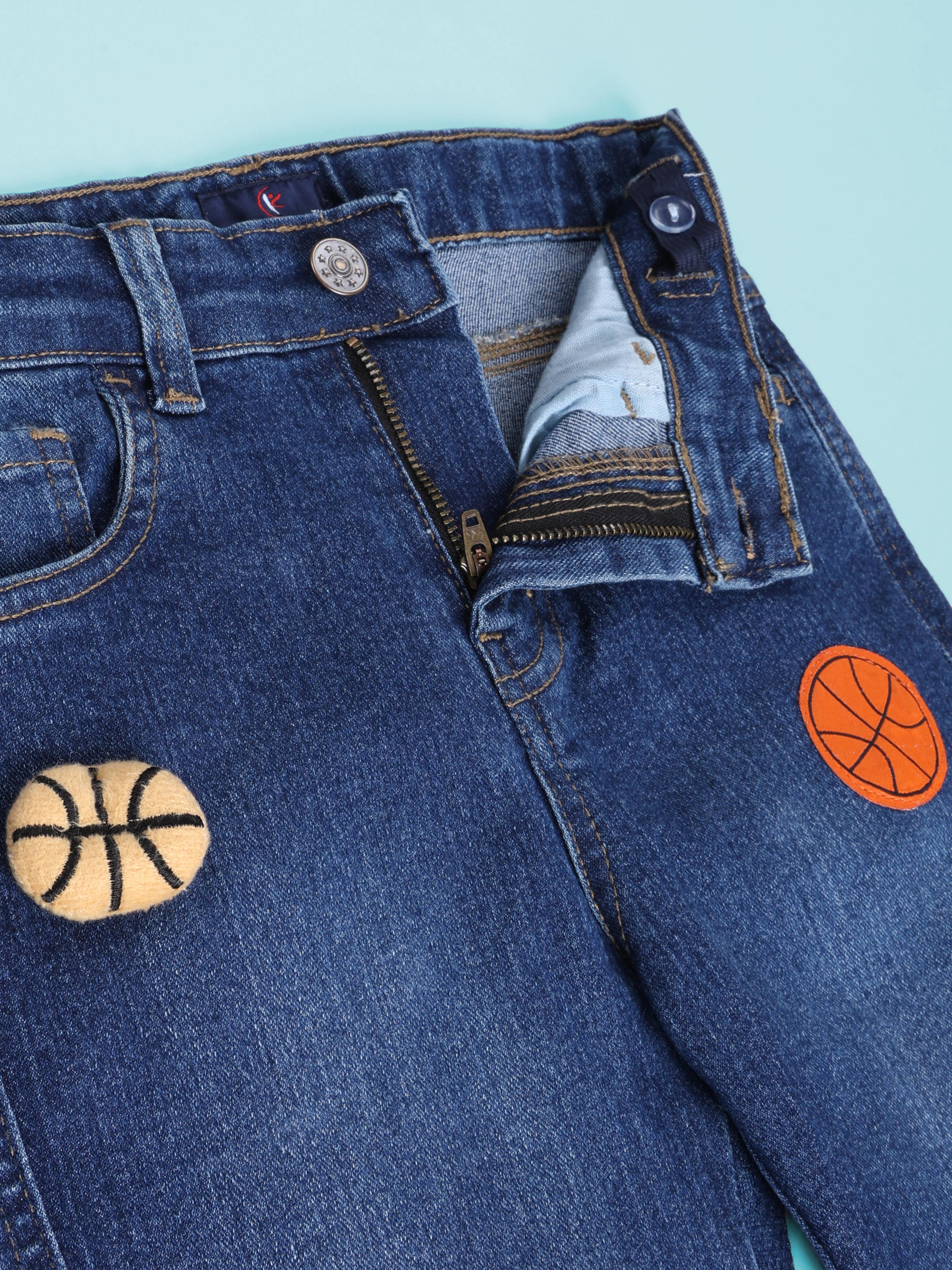 Kiddopanti Denim Woven Multi Badge Regular Fit Denim Pant