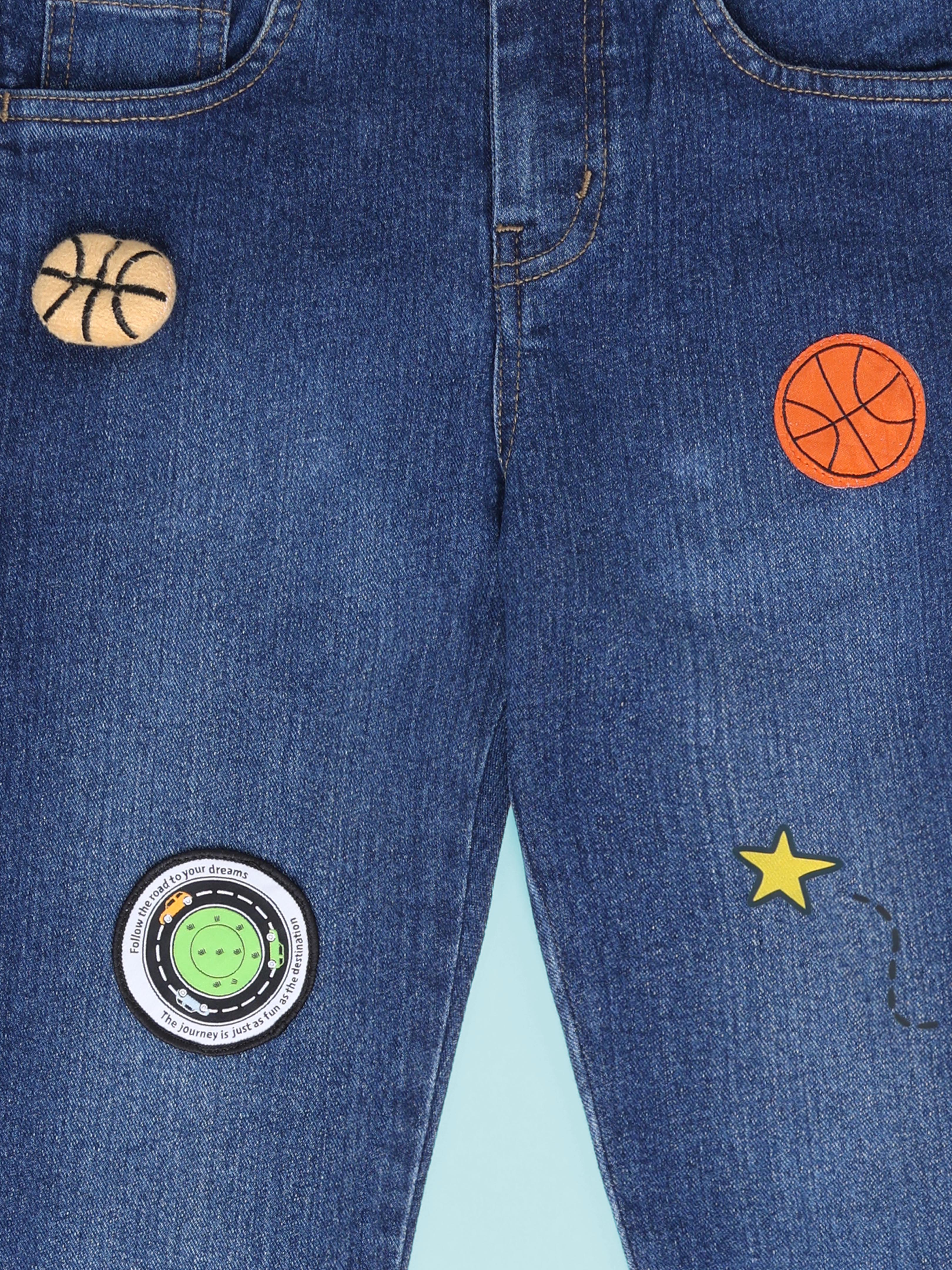 Kiddopanti Denim Woven Multi Badge Regular Fit Denim Pant