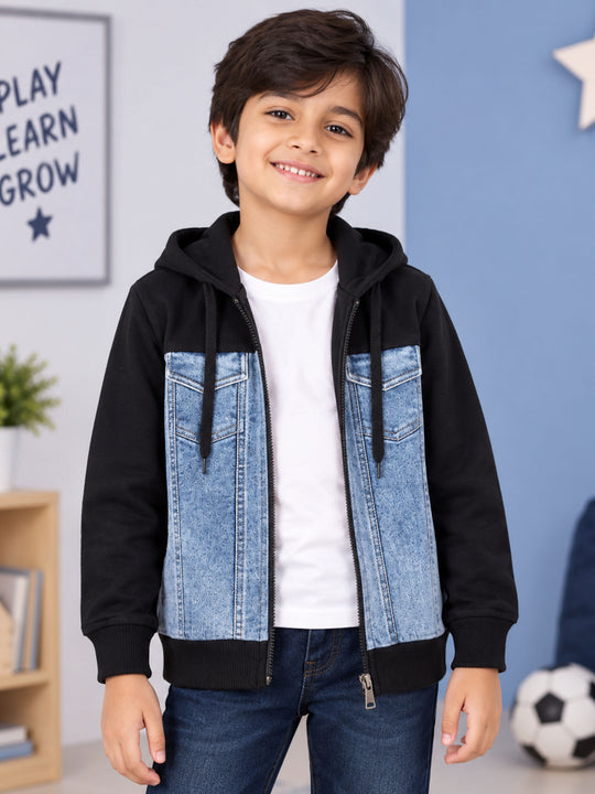 Kiddopanti Boys & Girls Denim Jacket with Fleece Hoodie Contrast Sleeves Solid Sweatshirt