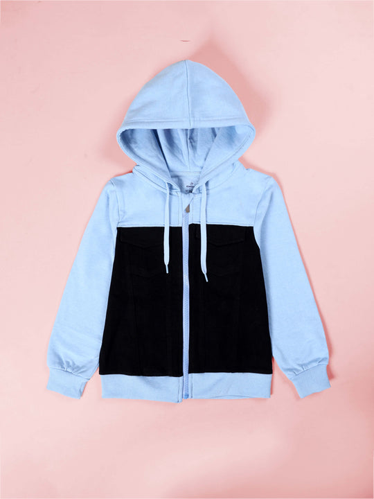 Unisex Denim Jacket with Fleece Hoodie Contrast Sleeves Solid Sweatshirt