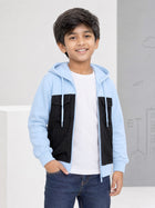 Kiddopanti Boys & Girls Denim Jacket with Fleece Hoodie Contrast Sleeves Solid Sweatshirt
