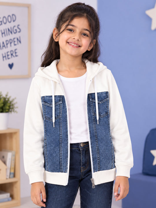 Kiddopanti Boys & Girls Denim Jacket with Fleece Hoodie Contrast Sleeves Solid Sweatshirt