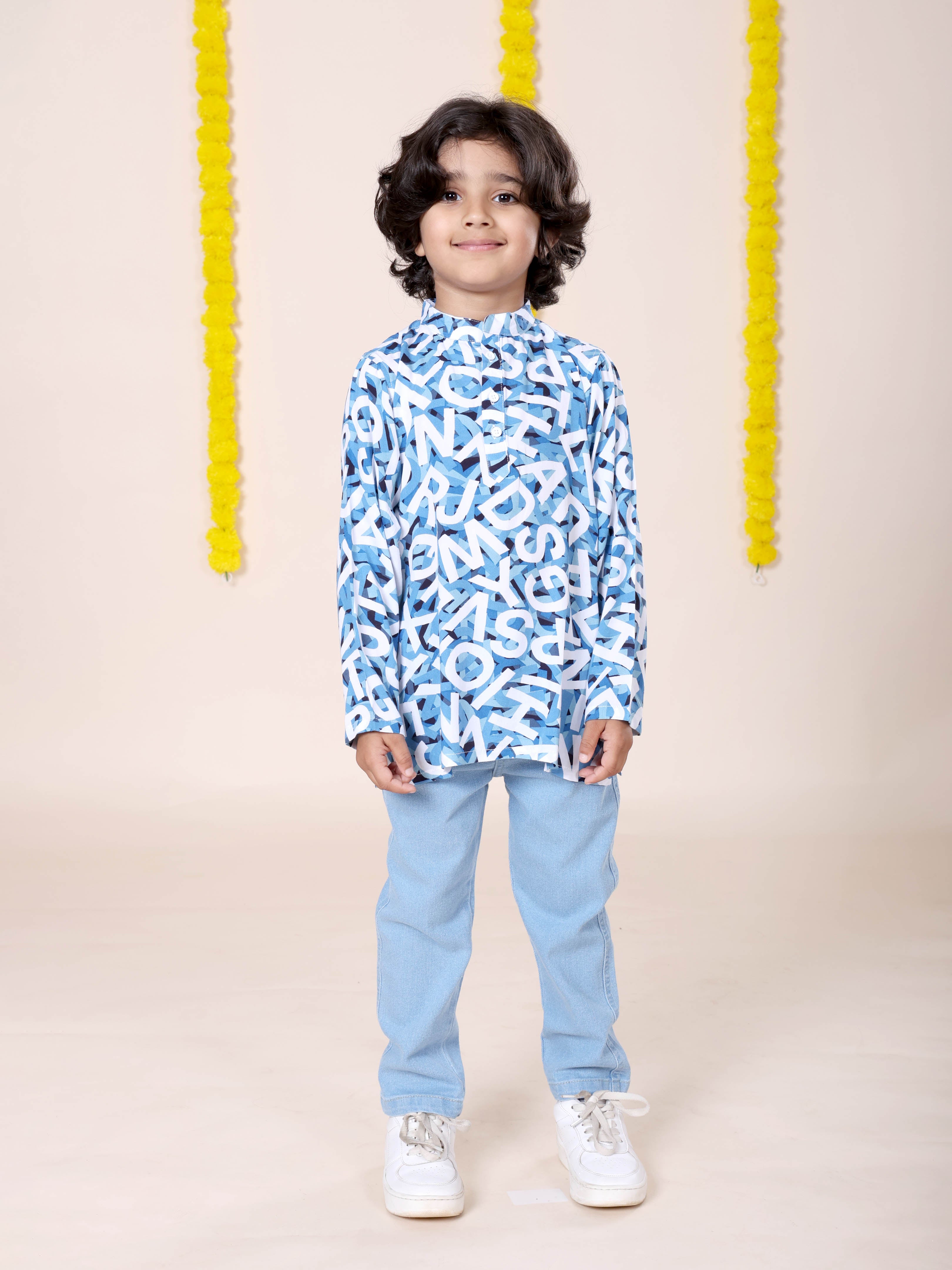 Boys Rayon Printed Short Kurta With Denim Woven Regular Fit Jeans Set