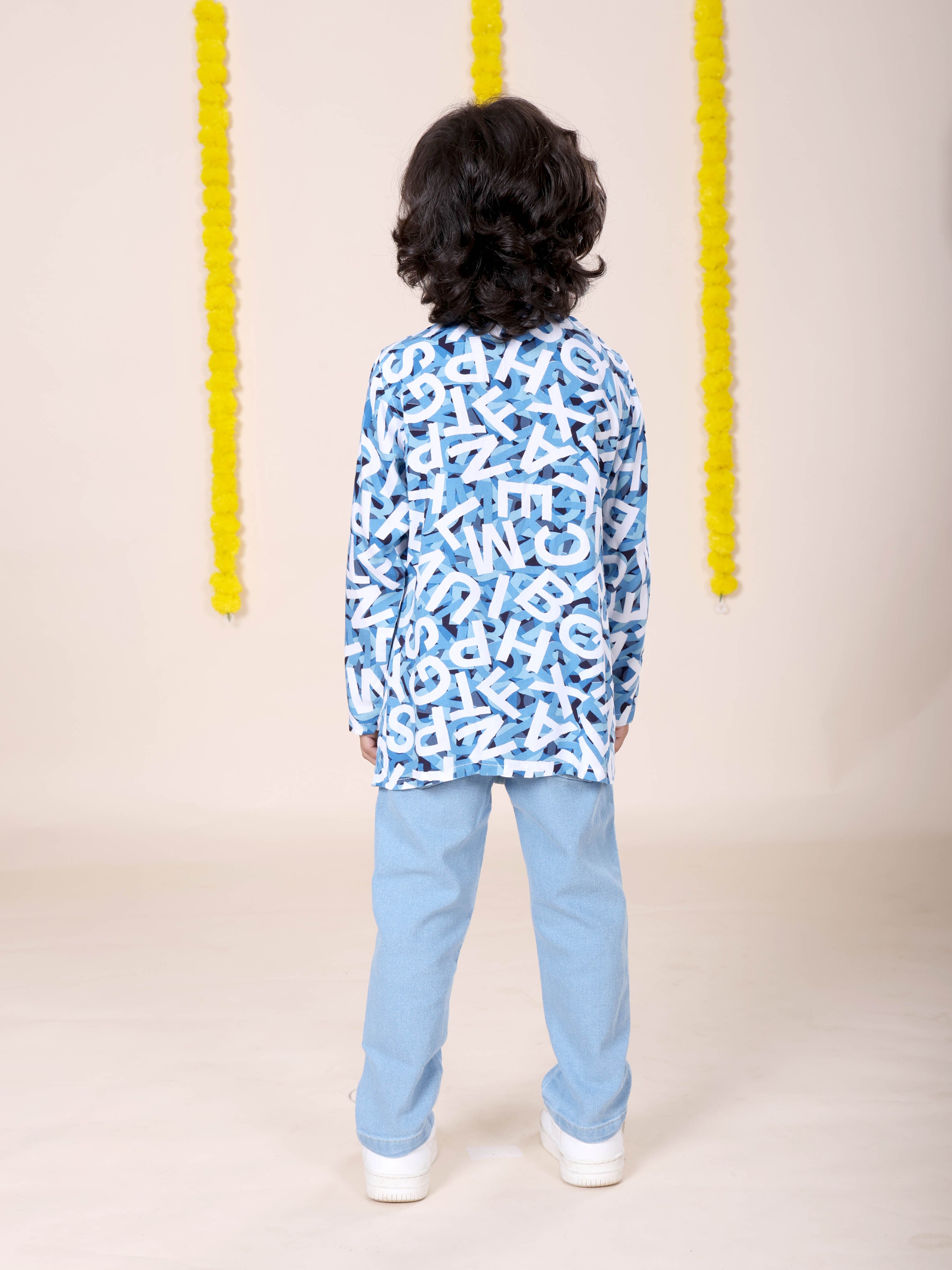 Boys Rayon Printed Short Kurta With Denim Woven Regular Fit Jeans Set