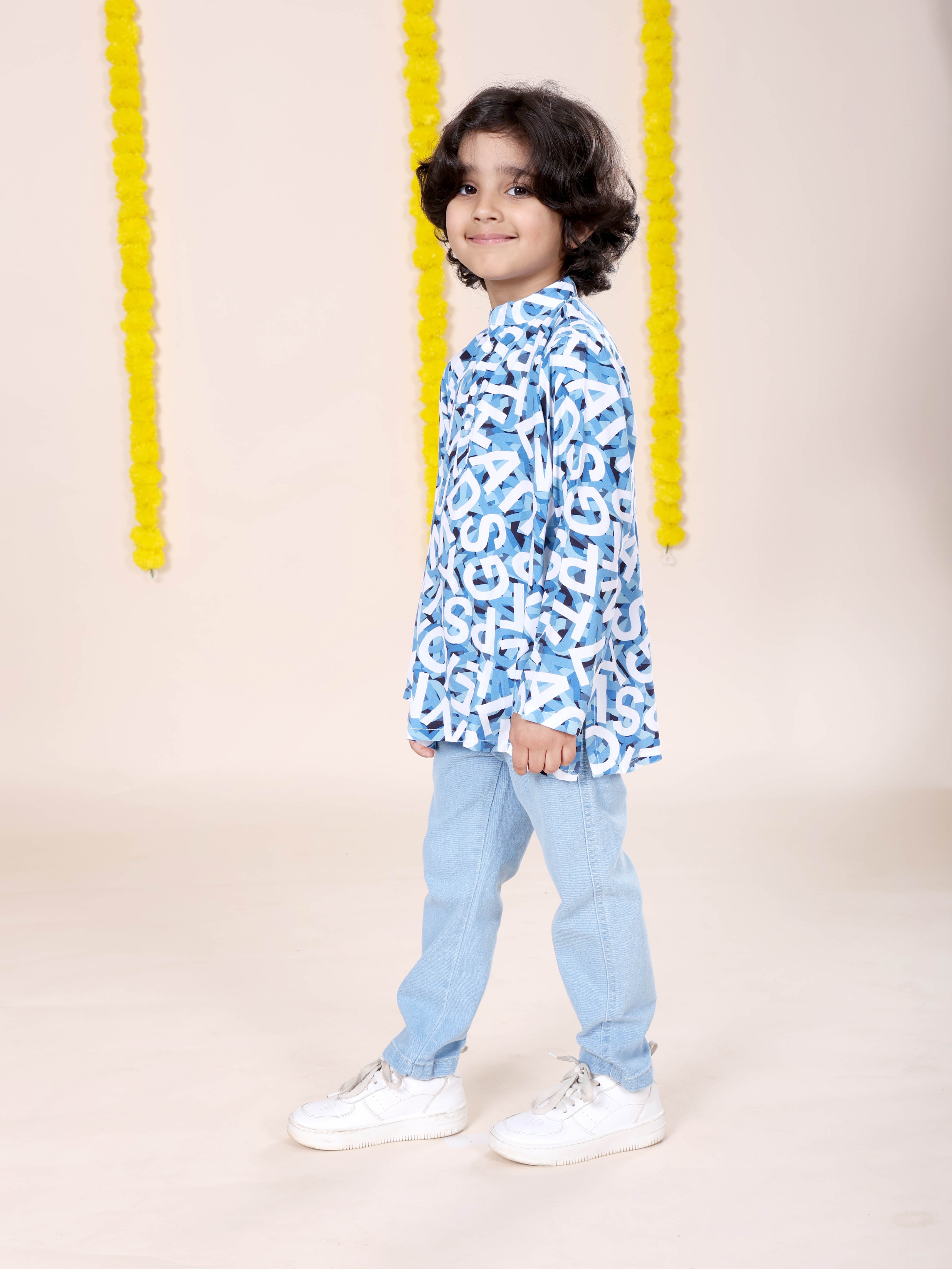 Boys Rayon Printed Short Kurta With Denim Woven Regular Fit Jeans Set