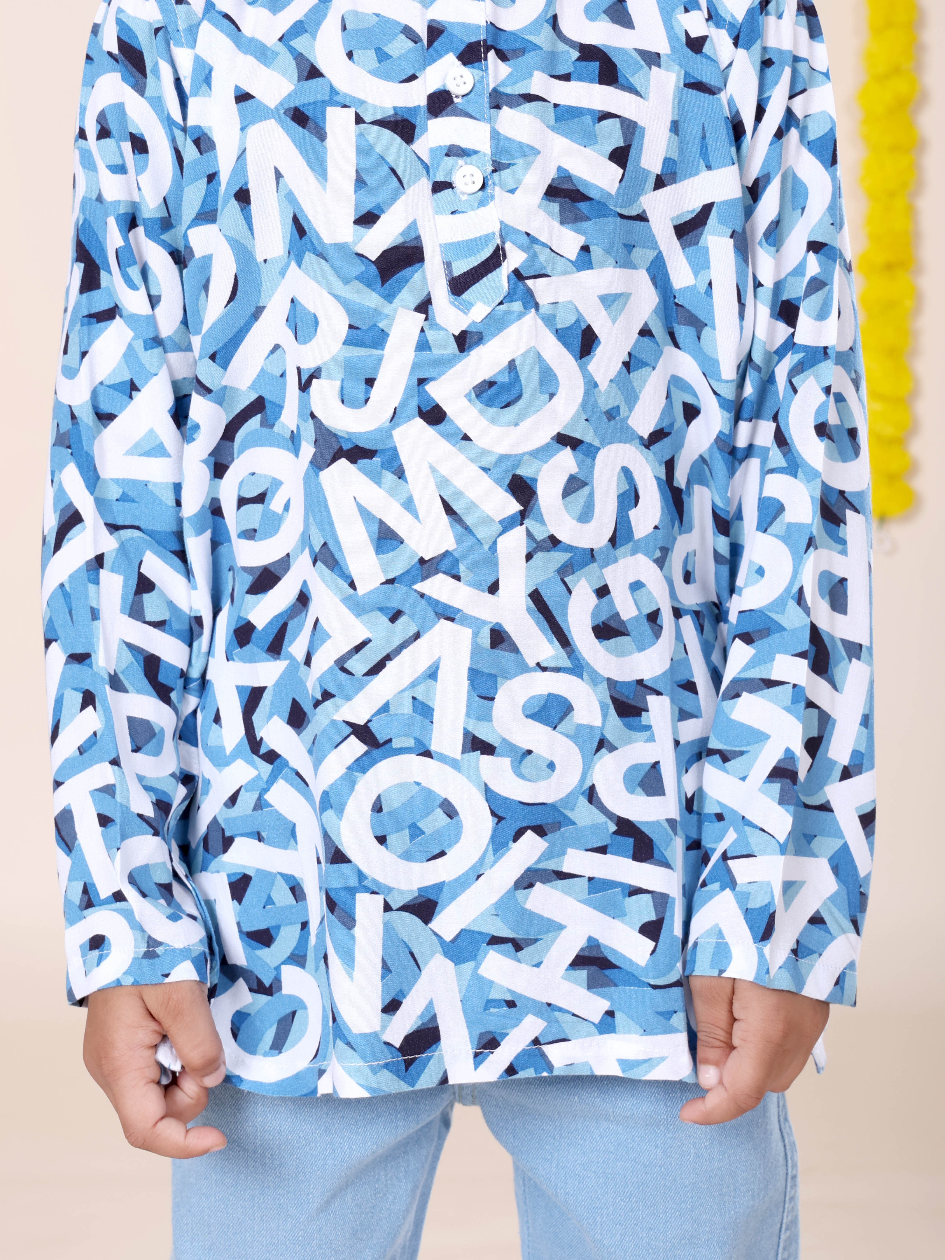 Boys Rayon Printed Short Kurta With Denim Woven Regular Fit Jeans Set