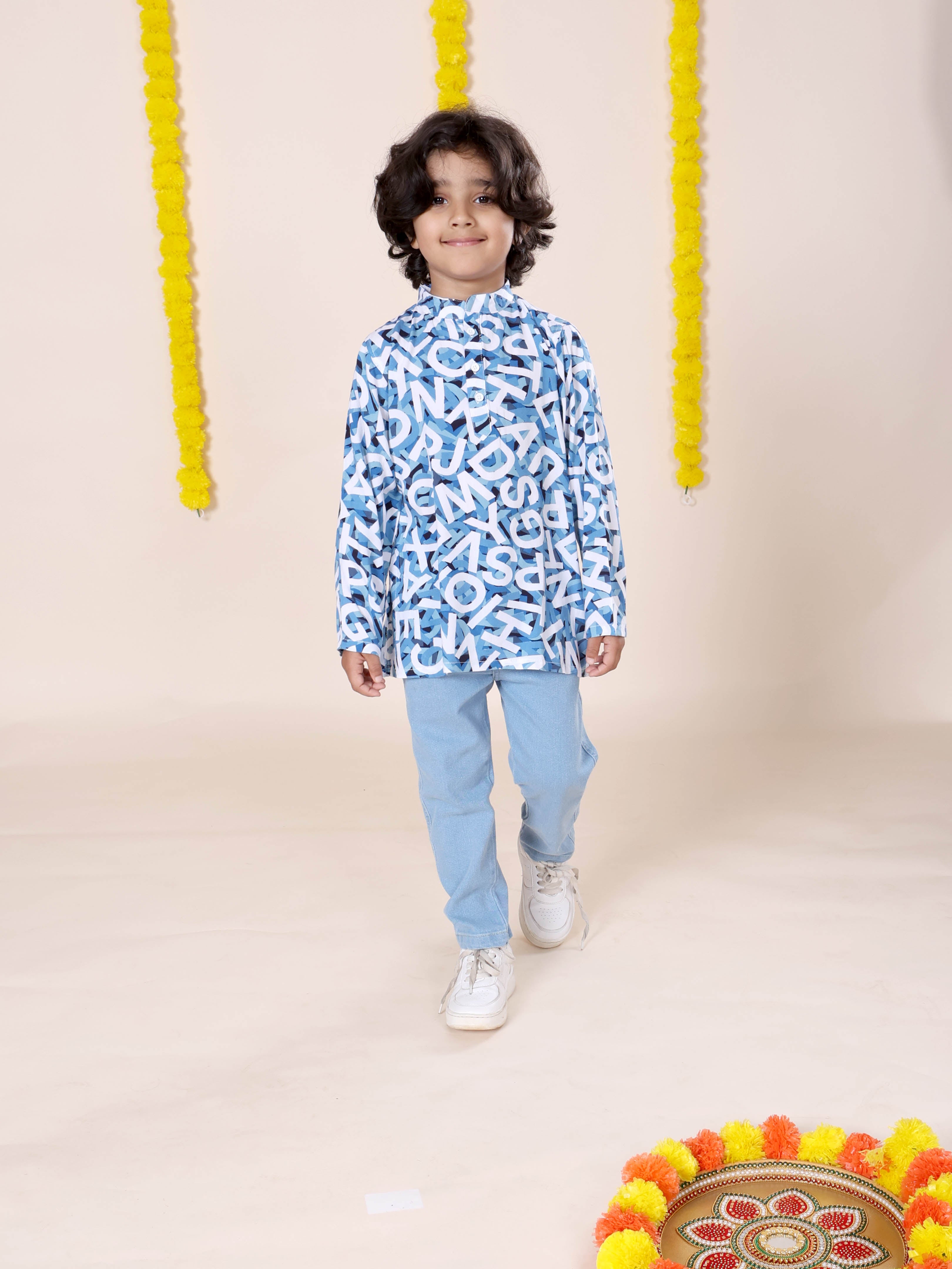 Boys Rayon Printed Short Kurta With Denim Woven Regular Fit Jeans Set