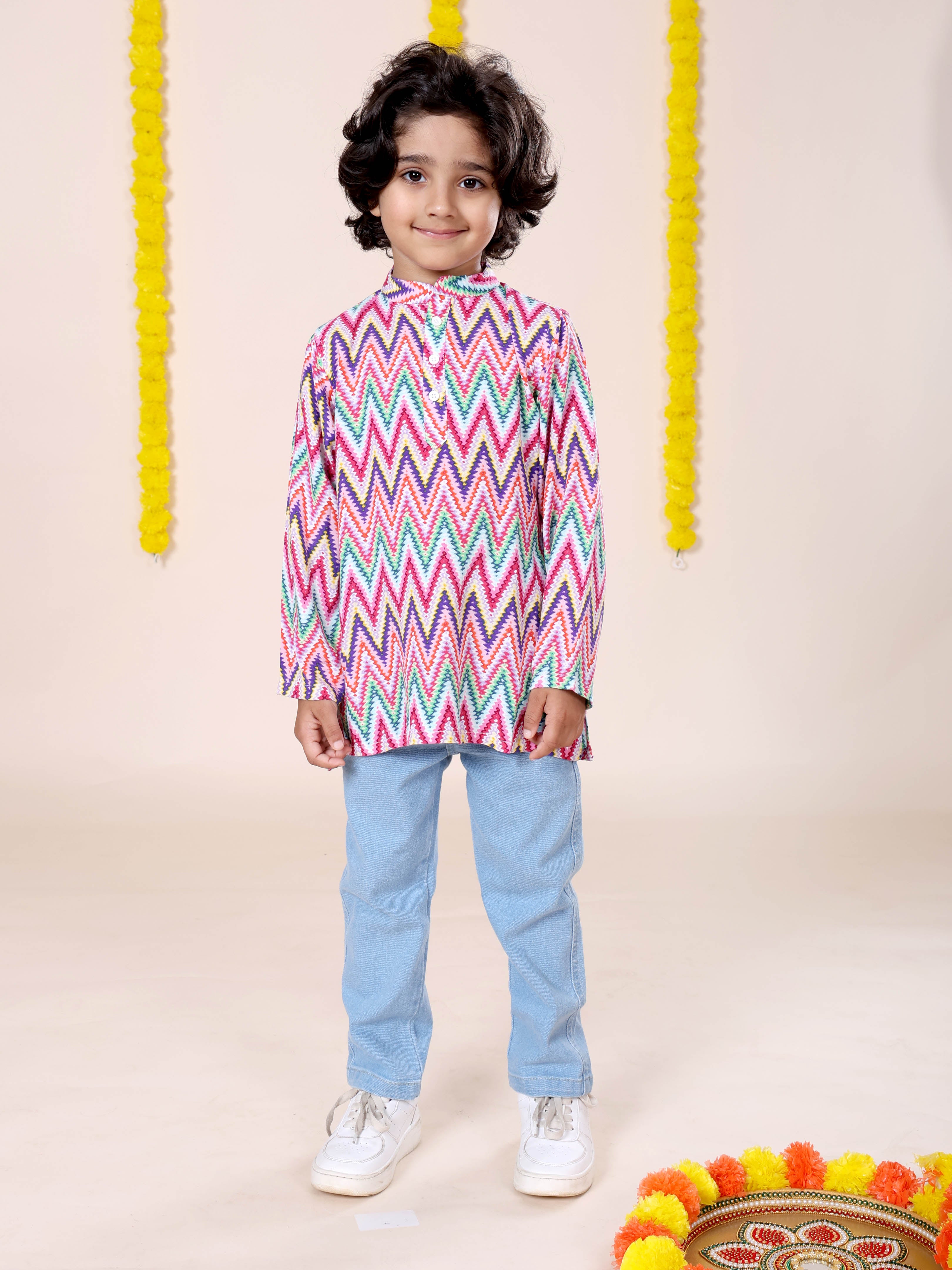 Boys Rayon Printed Short Kurta With Denim Woven Regular Fit Jeans Set
