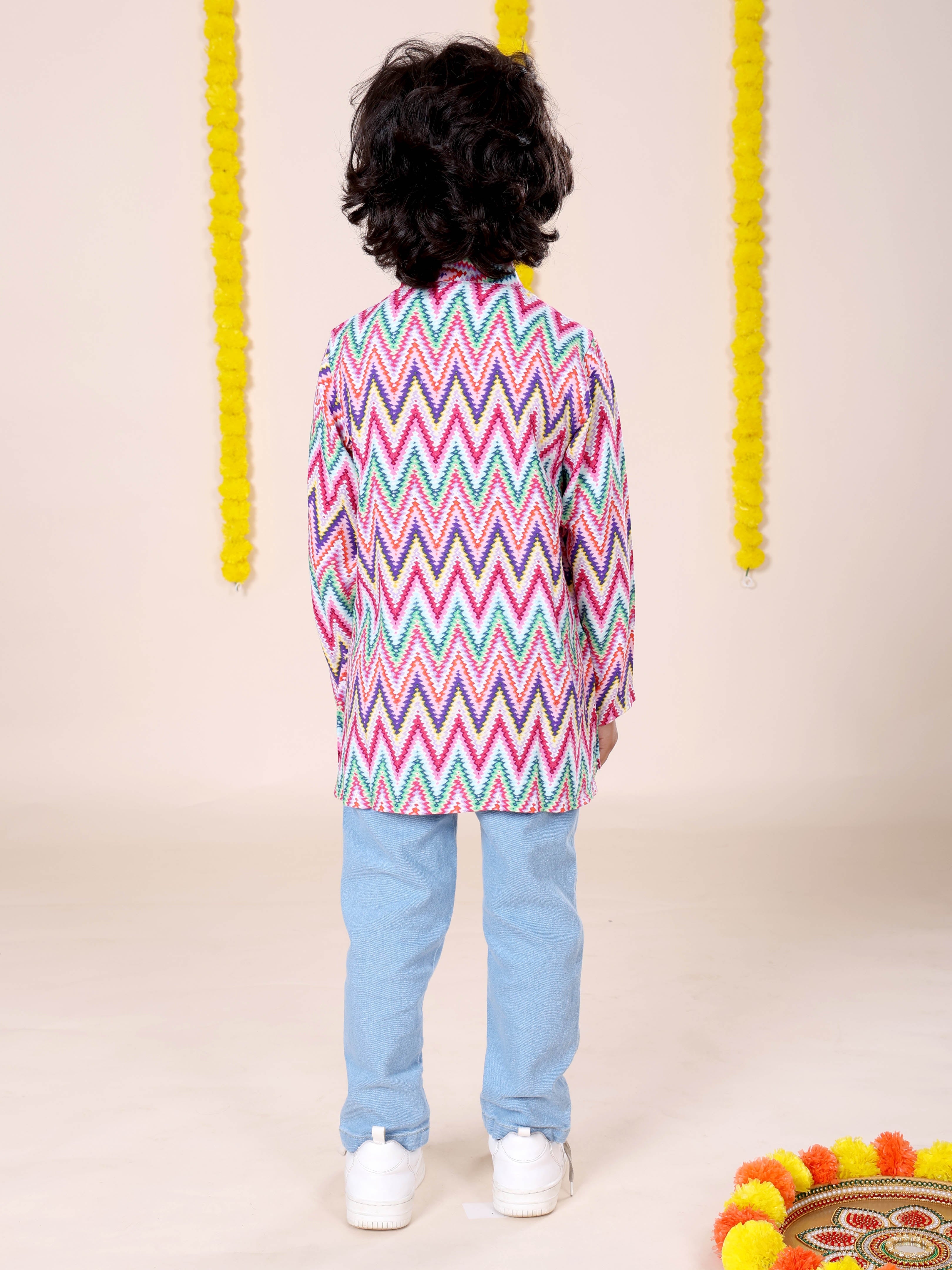 Boys Rayon Printed Short Kurta With Denim Woven Regular Fit Jeans Set