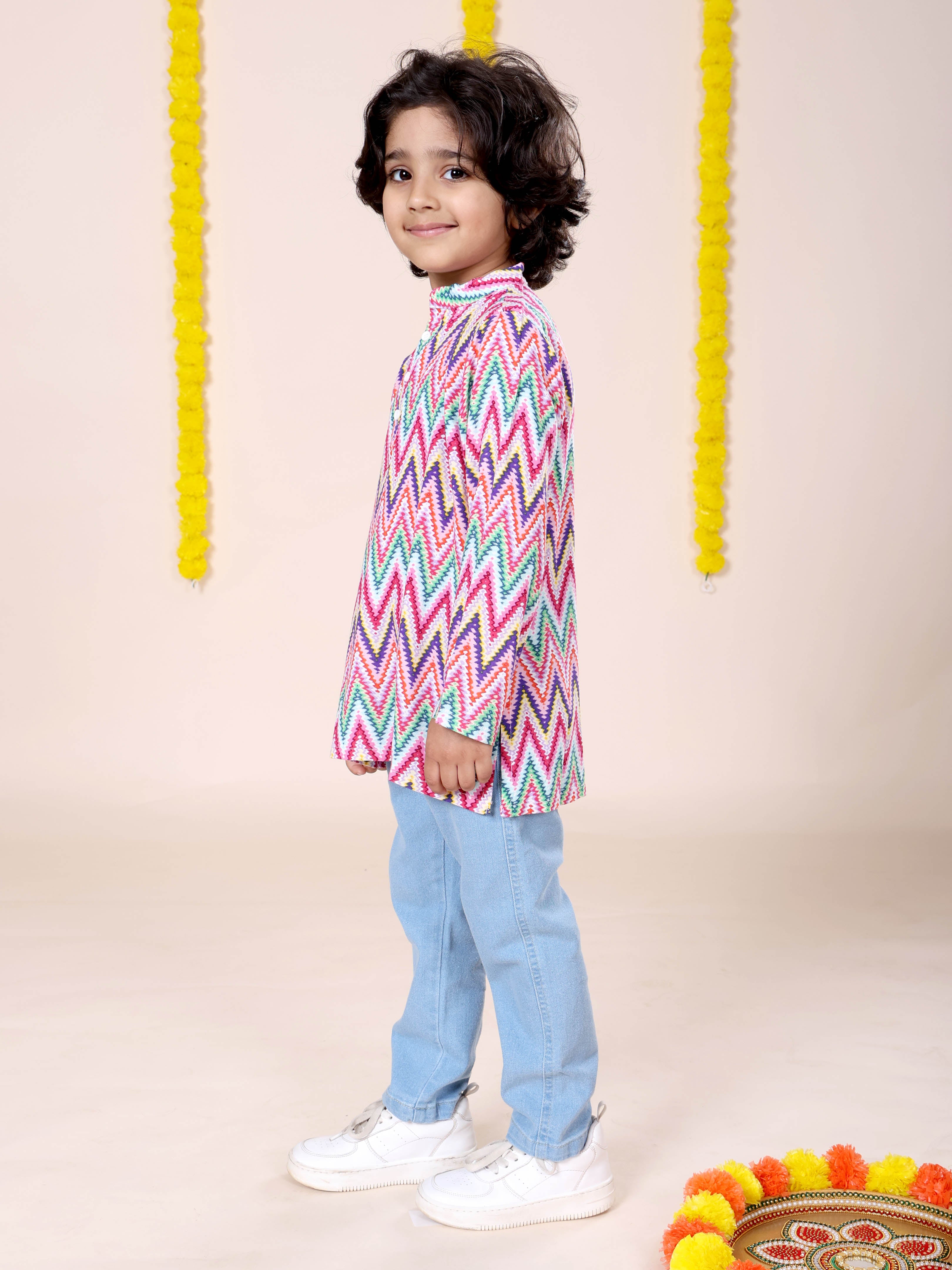 Boys Rayon Printed Short Kurta With Denim Woven Regular Fit Jeans Set