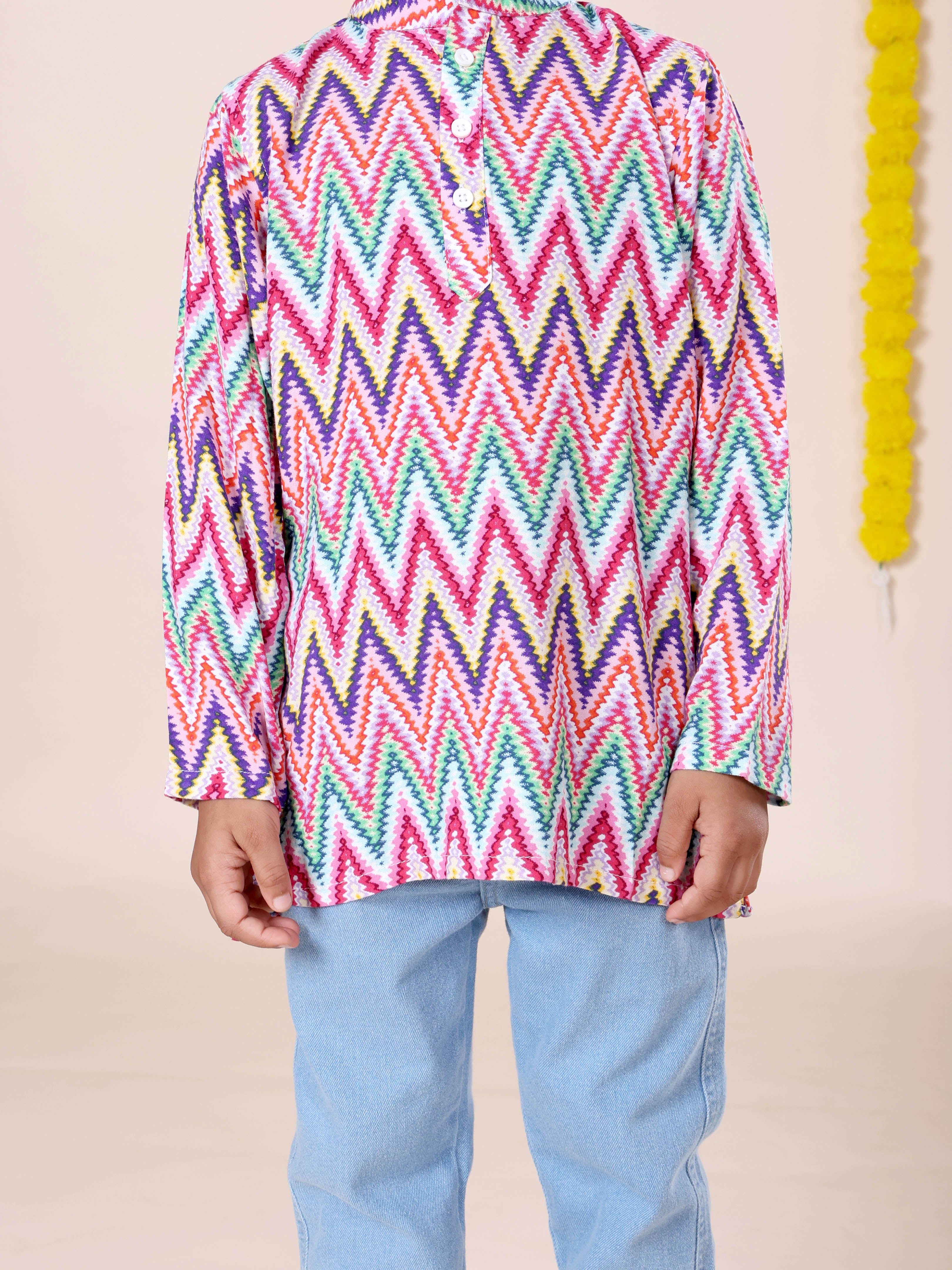 Boys Rayon Printed Short Kurta With Denim Woven Regular Fit Jeans Set