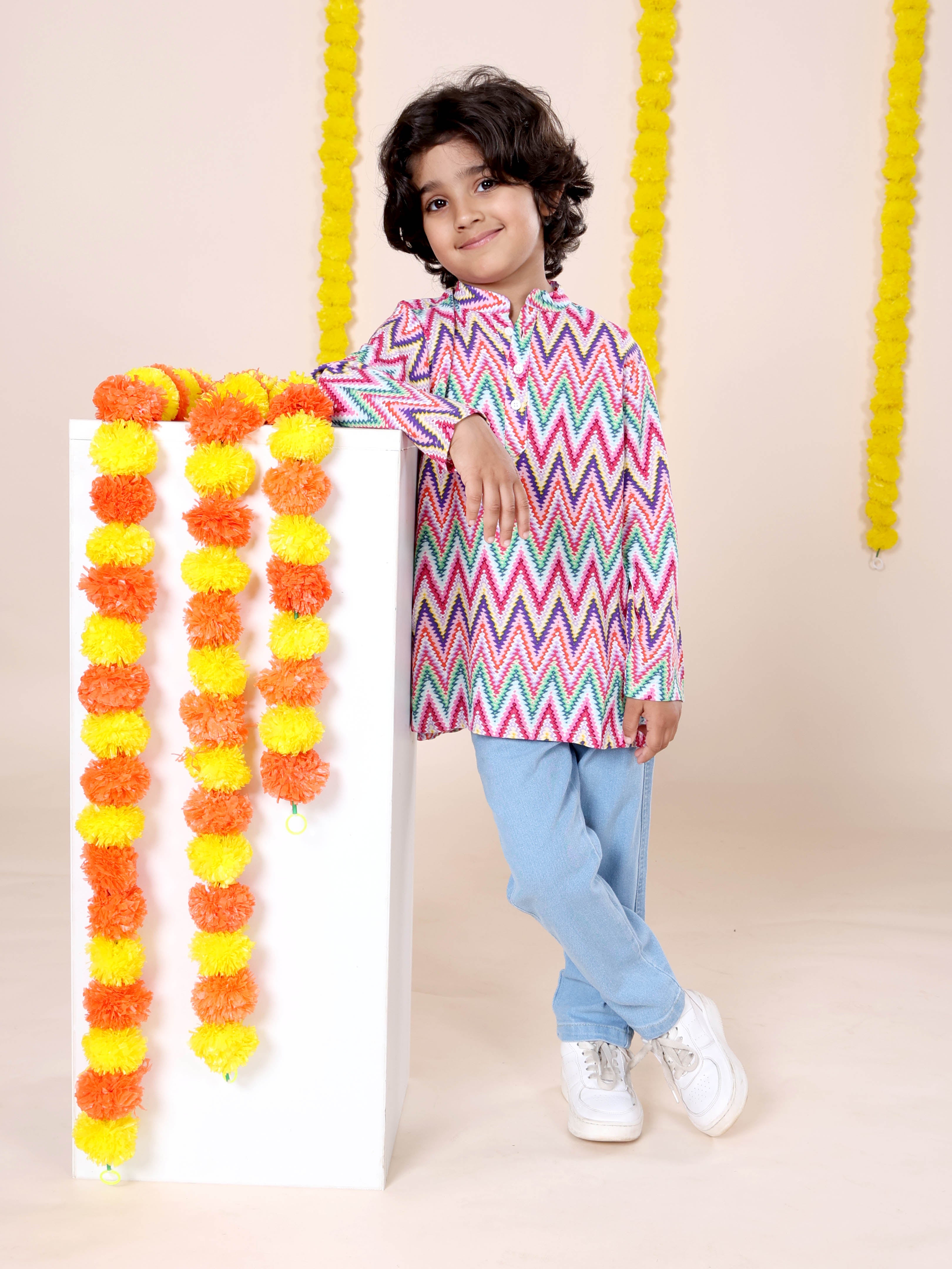 Boys Rayon Printed Short Kurta With Denim Woven Regular Fit Jeans Set