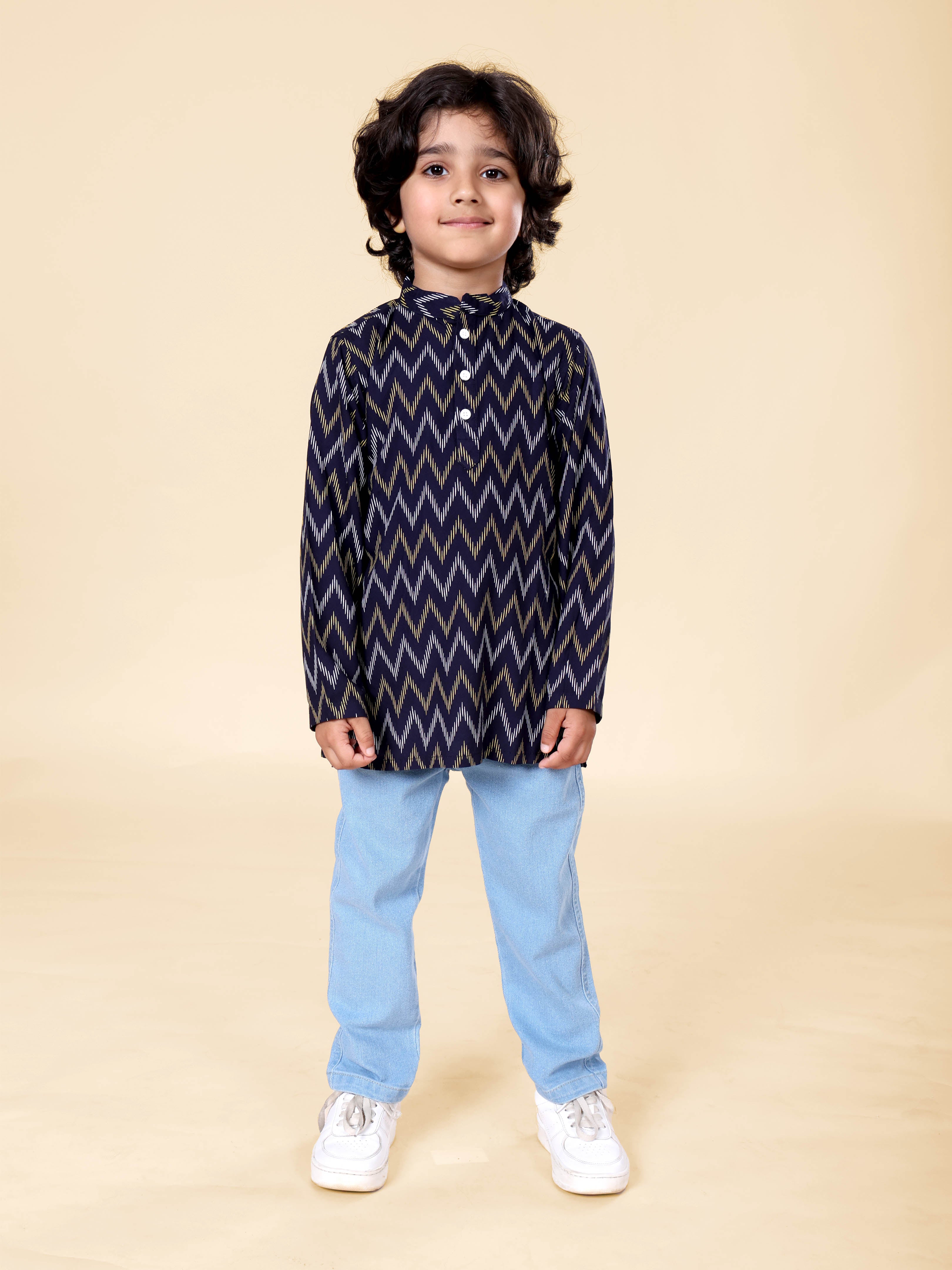 Boys Rayon Printed Short Kurta With Denim Woven Regular Fit Jeans Set