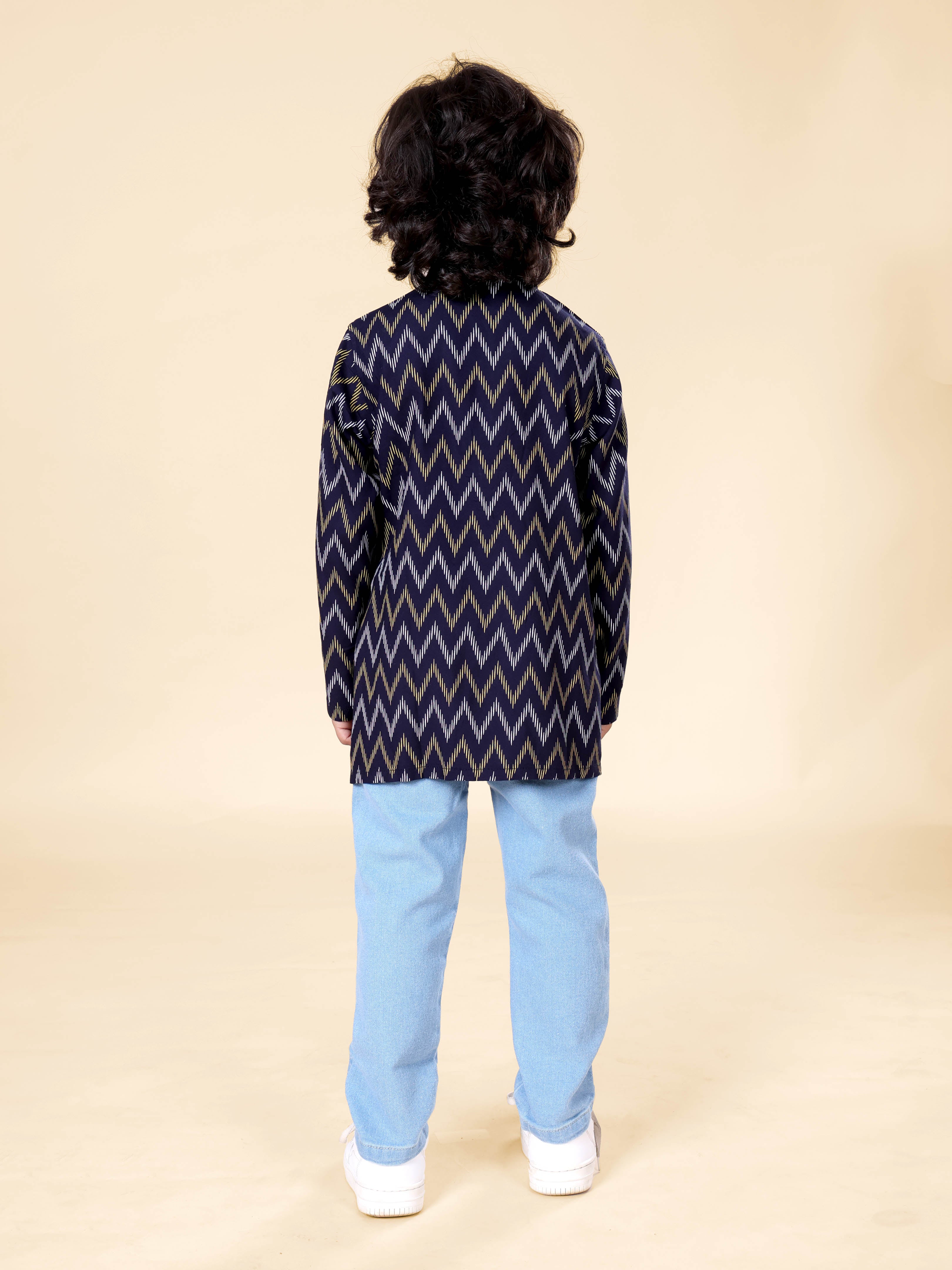 Boys Rayon Printed Short Kurta With Denim Woven Regular Fit Jeans Set