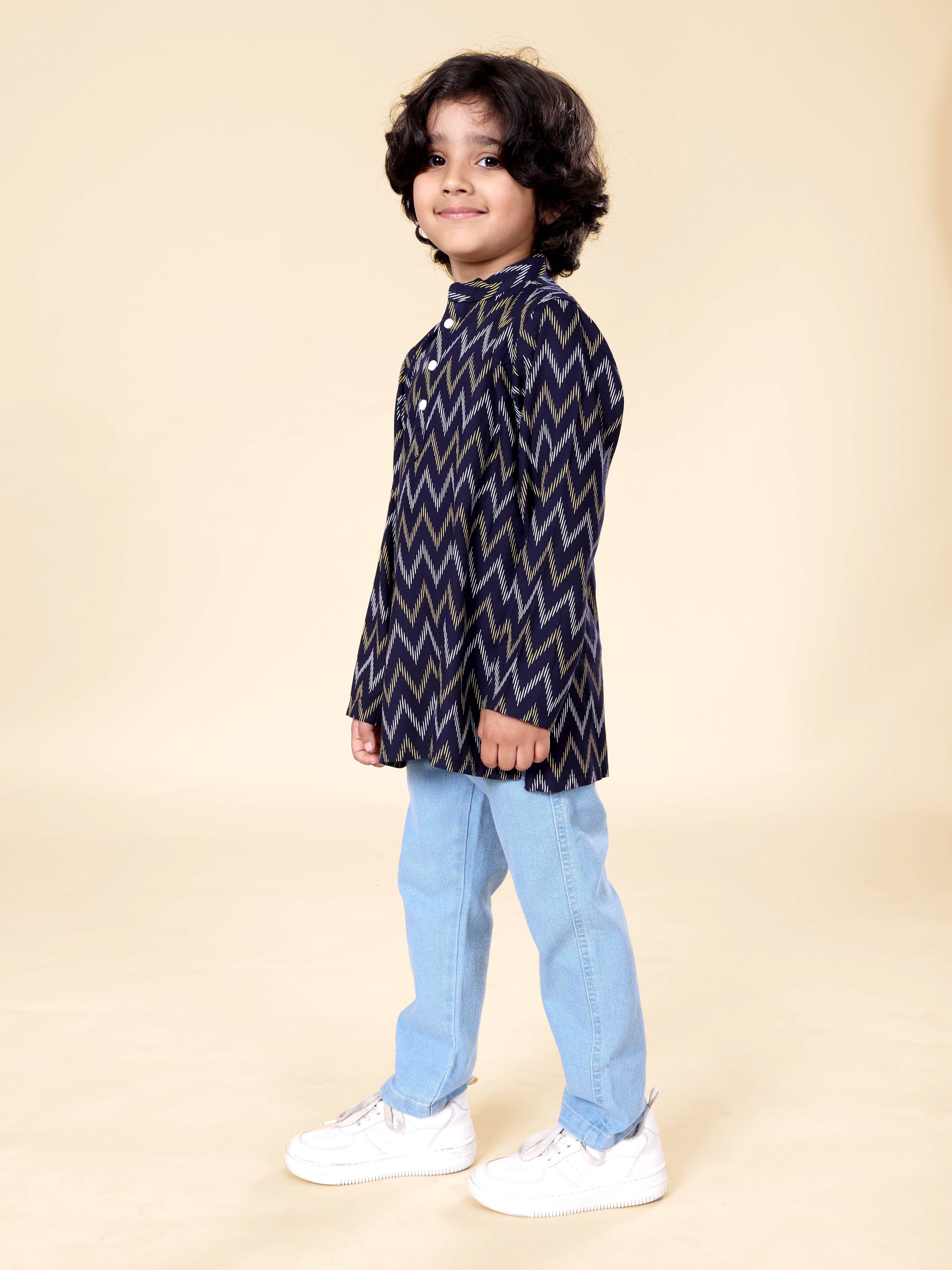 Boys Rayon Printed Short Kurta With Denim Woven Regular Fit Jeans Set