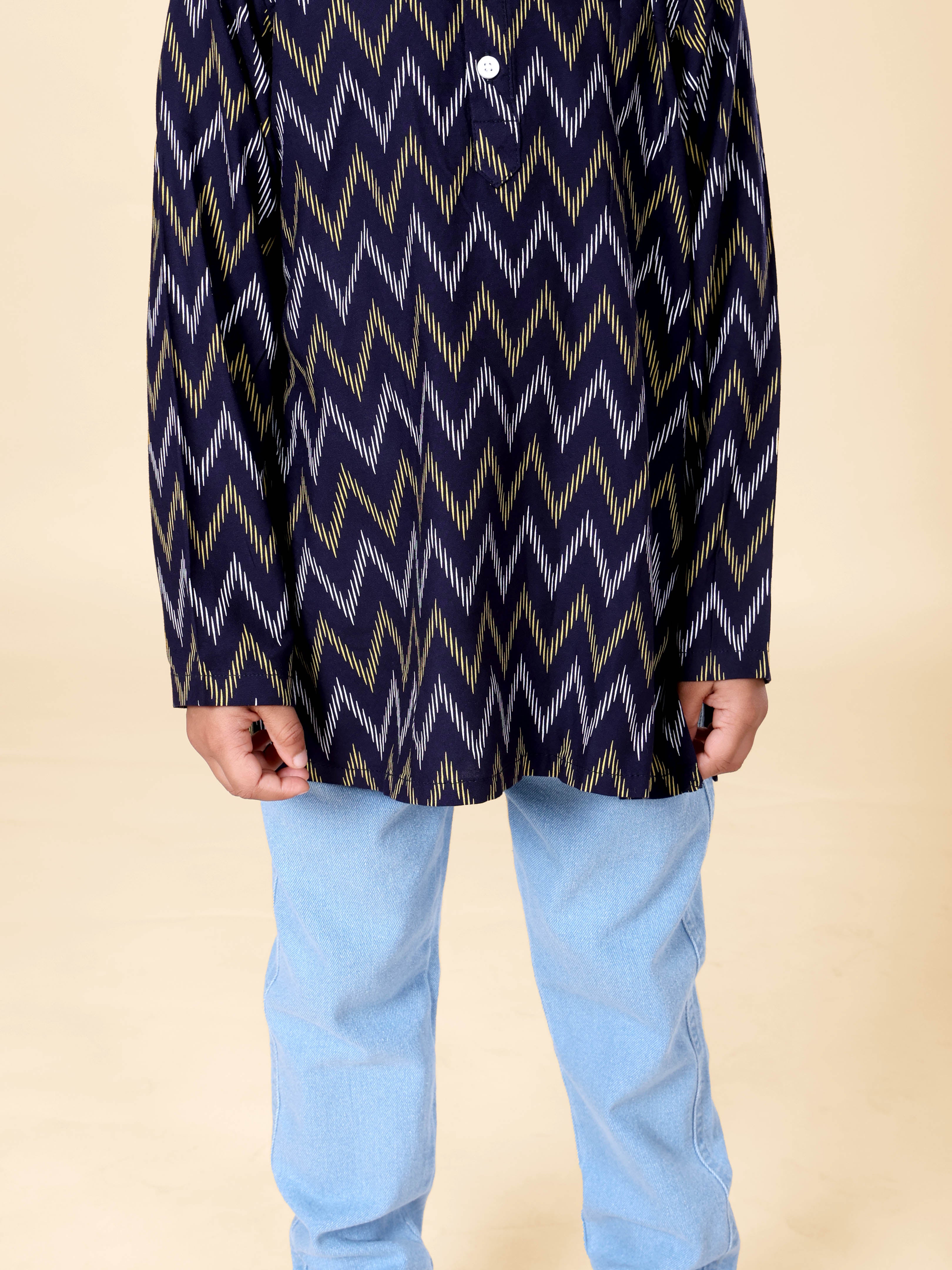 Boys Rayon Printed Short Kurta With Denim Woven Regular Fit Jeans Set