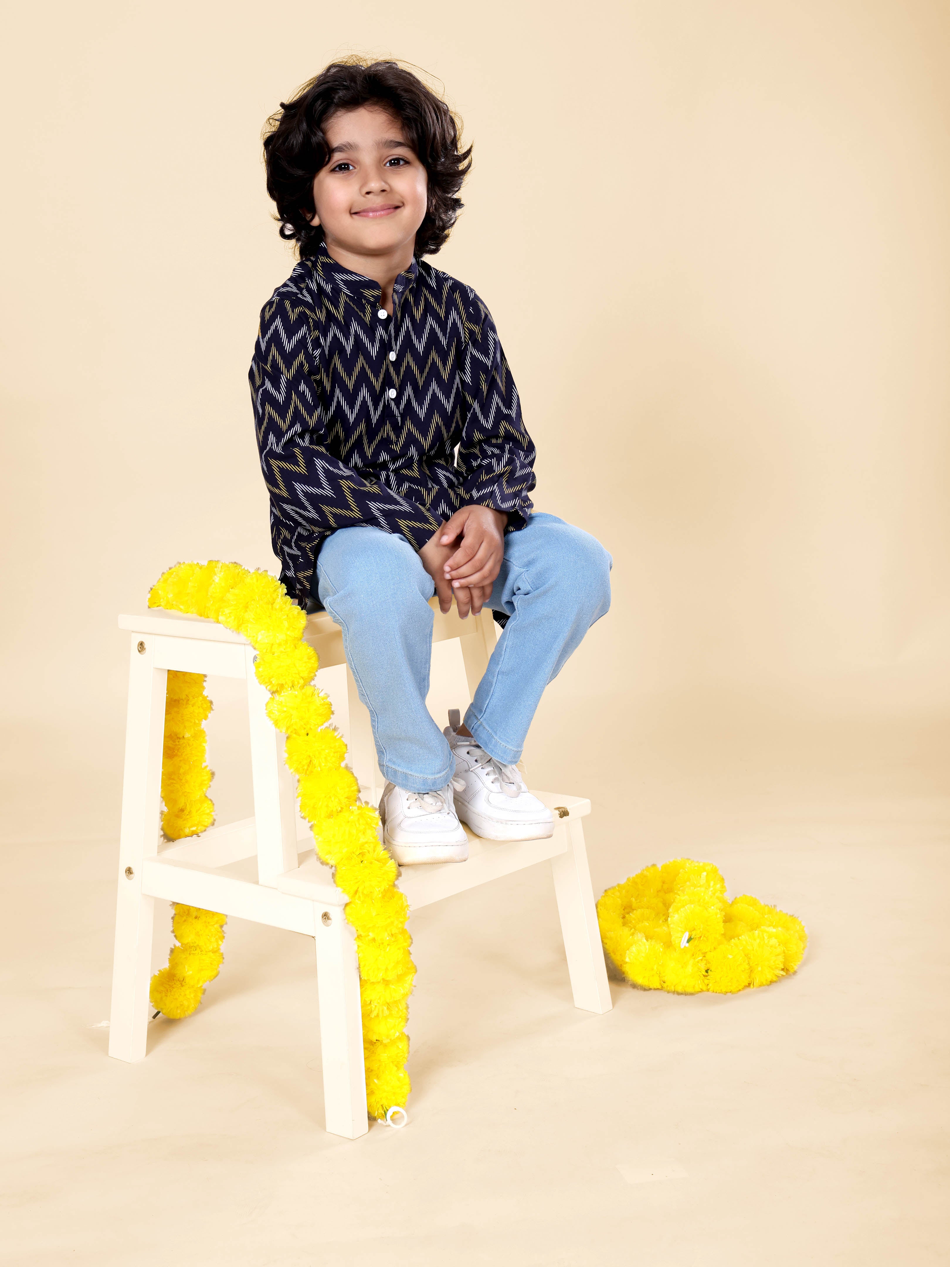 Boys Rayon Printed Short Kurta With Denim Woven Regular Fit Jeans Set