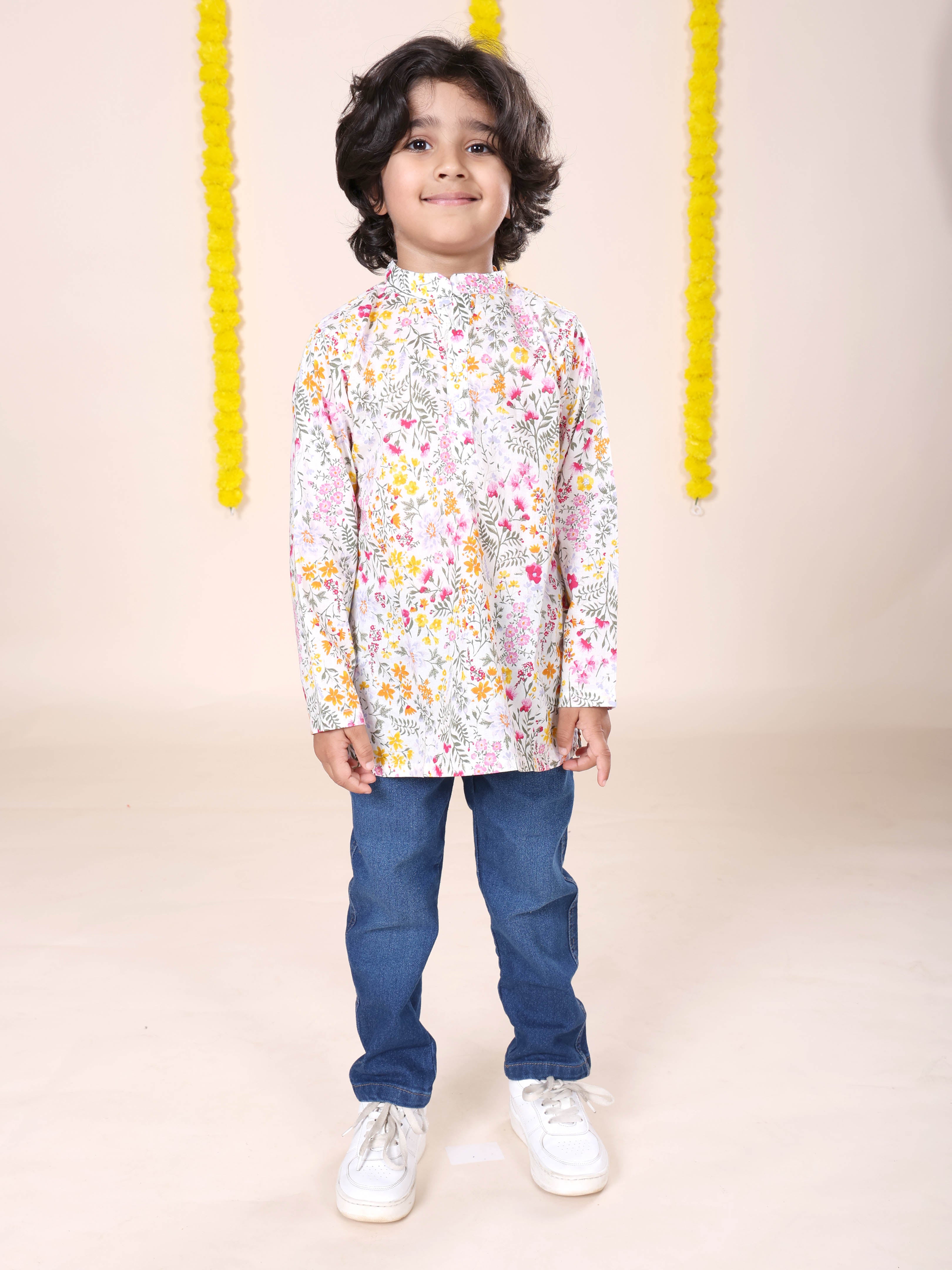 Boys Rayon Printed Short Kurta With Denim Woven Regular Fit Jeans Set