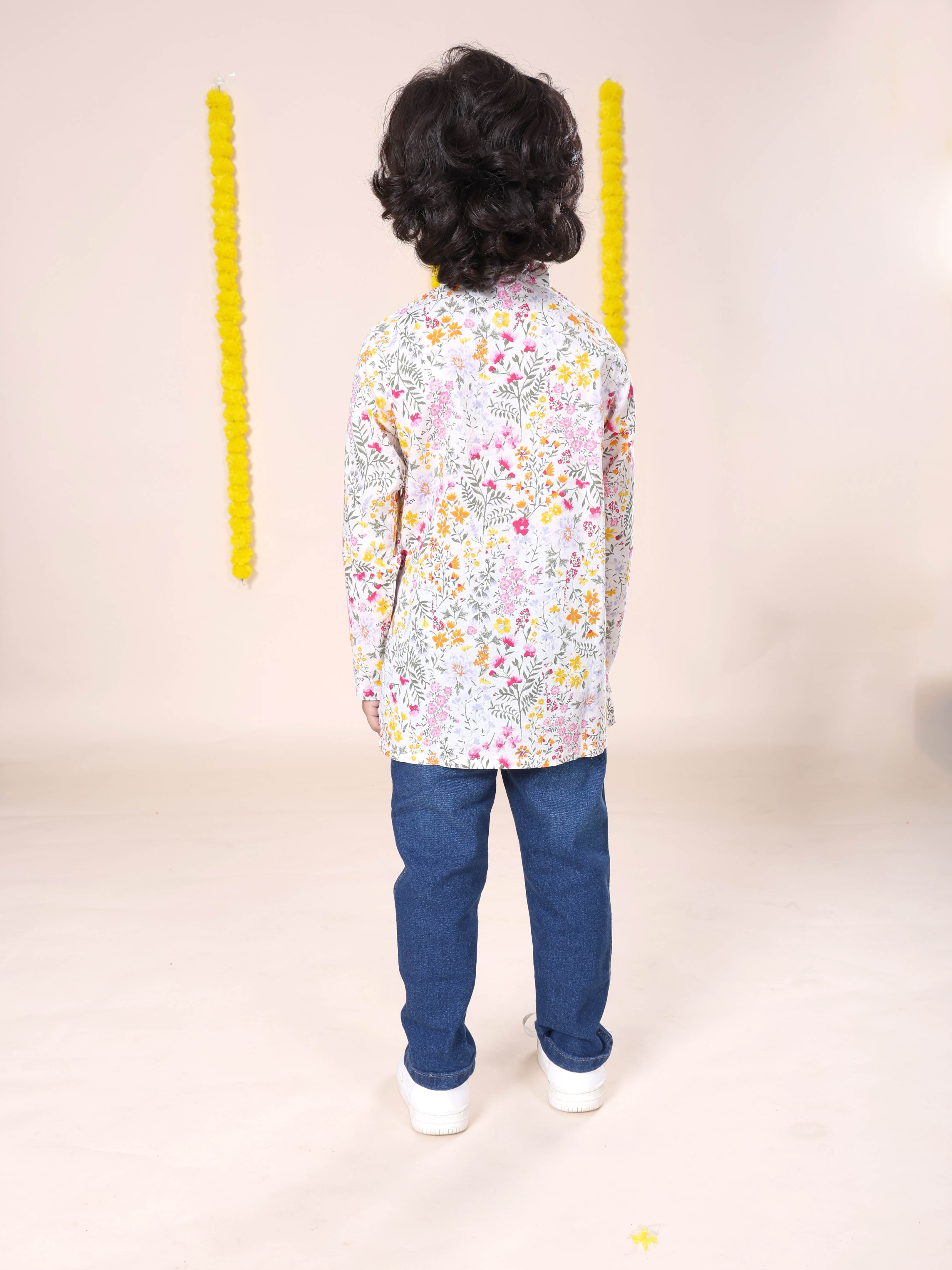 Boys Rayon Printed Short Kurta With Denim Woven Regular Fit Jeans Set