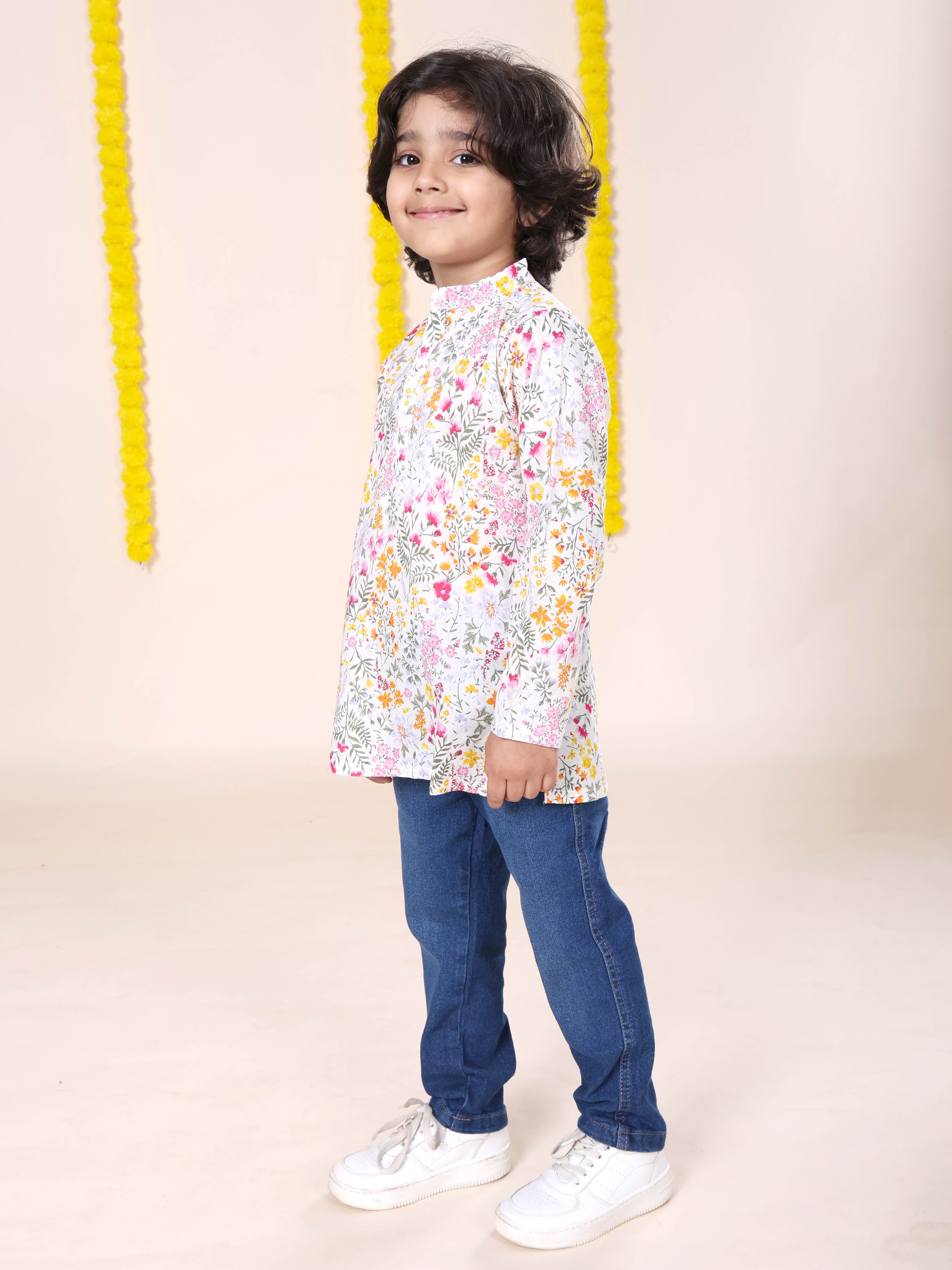 Boys Rayon Printed Short Kurta With Denim Woven Regular Fit Jeans Set